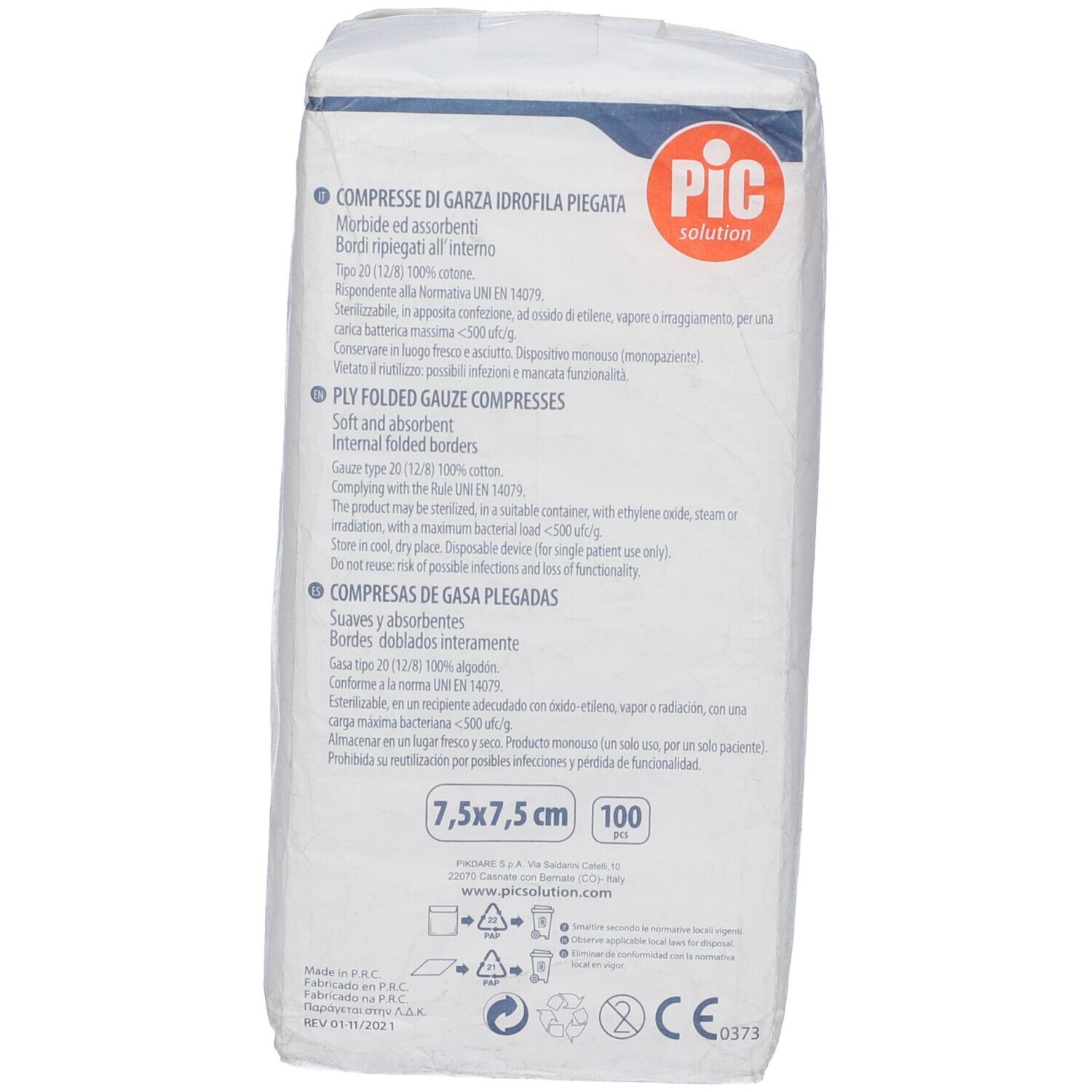 Confezione di compresse di garza PIC. 7,5x7,5cm, 100 pezzi. Morbide e assorbenti. Codice a barre e marchio CE.