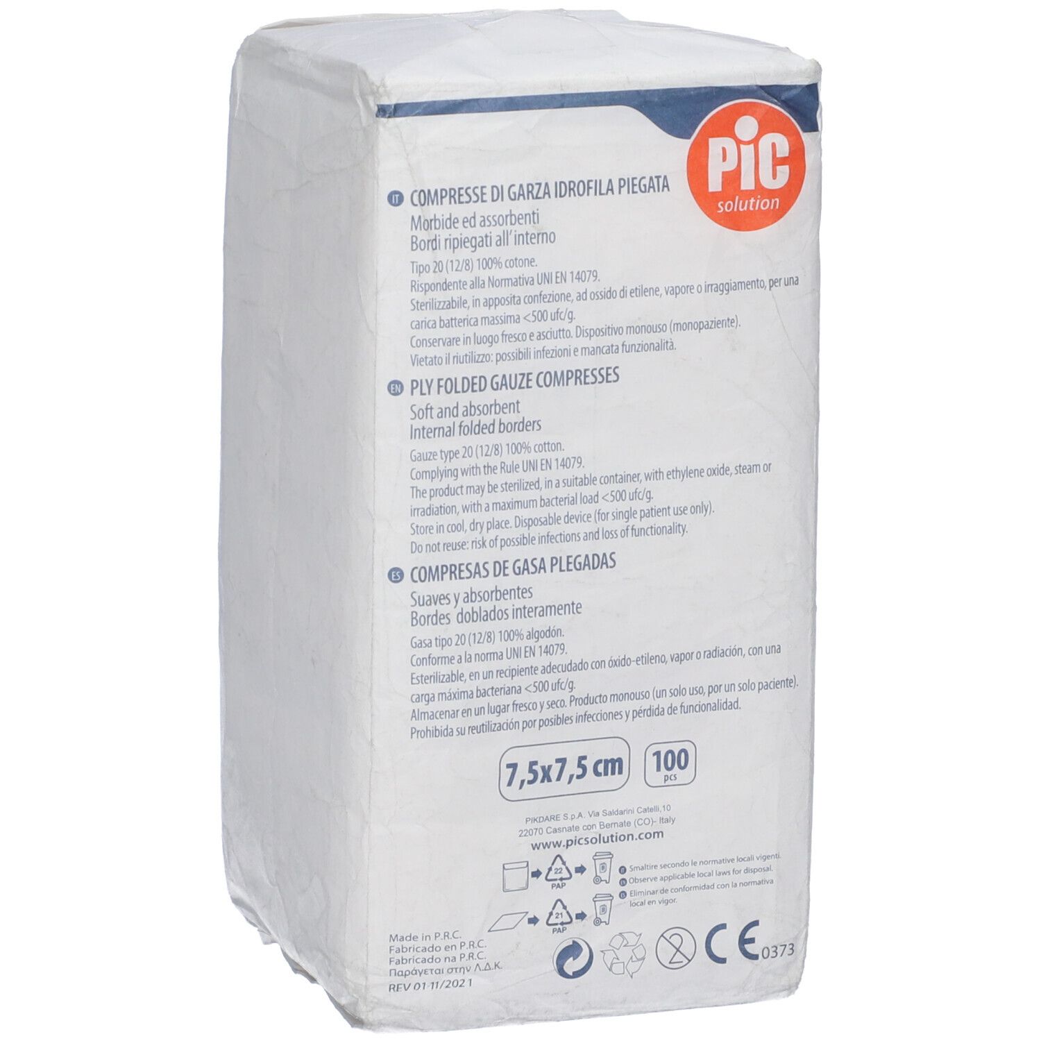Confezione di compresse di garza PIC. 7,5x7,5cm, 100 pezzi. Morbide e assorbenti. Codice a barre e marchio CE.