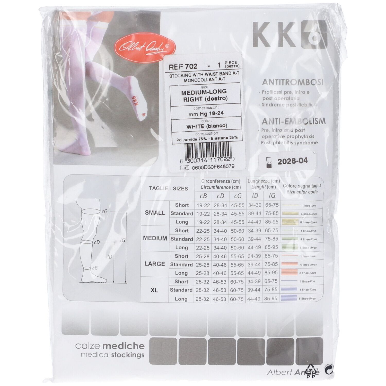 Albert Andre' Articolo 702 Kk6 Monocollant A-T Antitrombosi Punta Aperta Lycra Mm Hg 18-24 Colore Bianco Taglia Destro M-Lungo