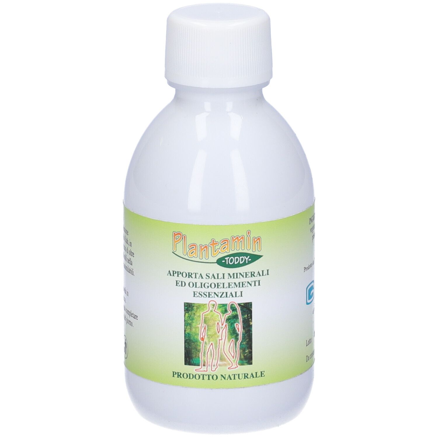 Bottiglia bianca con tappo bianco. Plantamin Toddy sull'etichetta. Prodotto naturale.