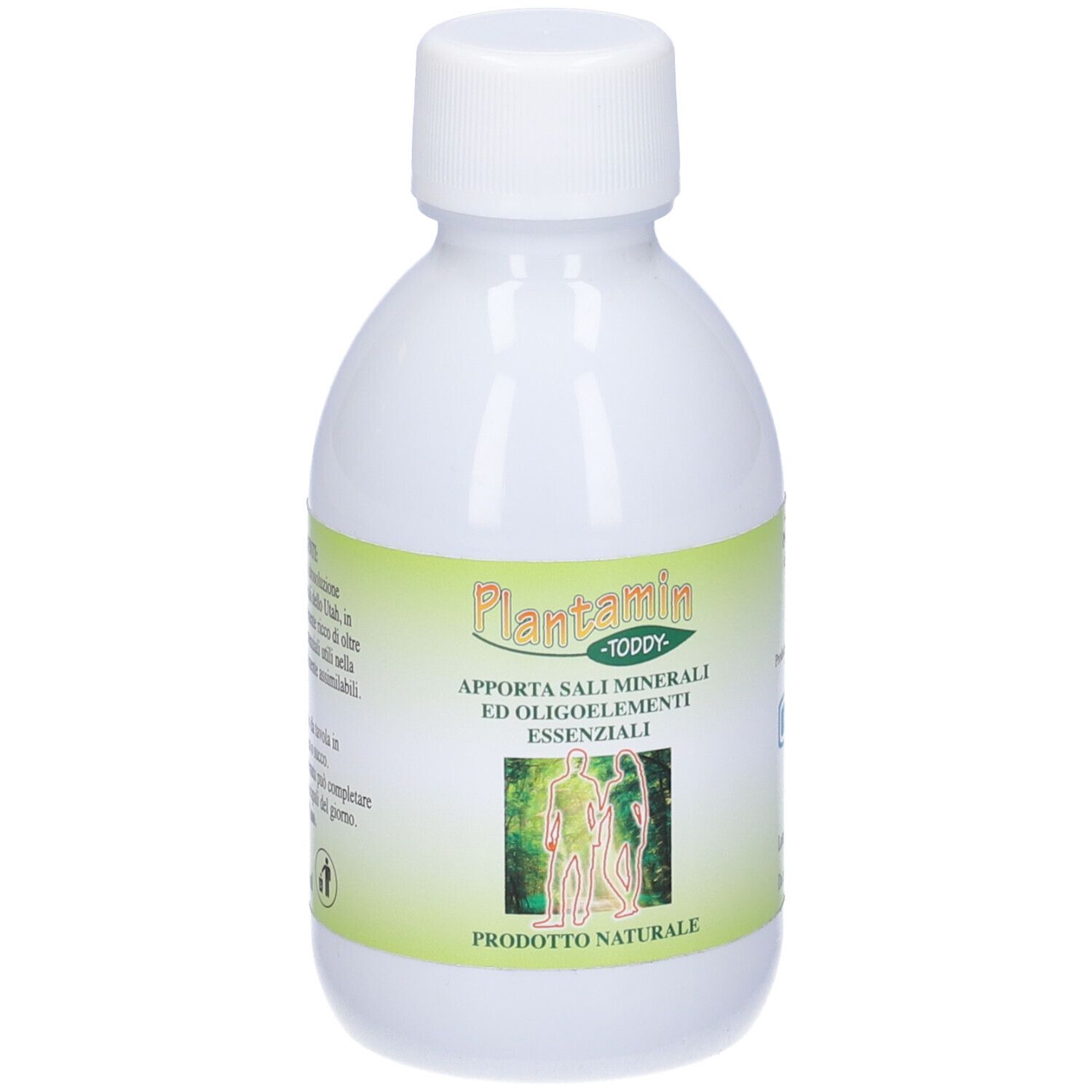 Bottiglia bianca con tappo bianco. Plantamin Toddy sull'etichetta. Prodotto naturale.