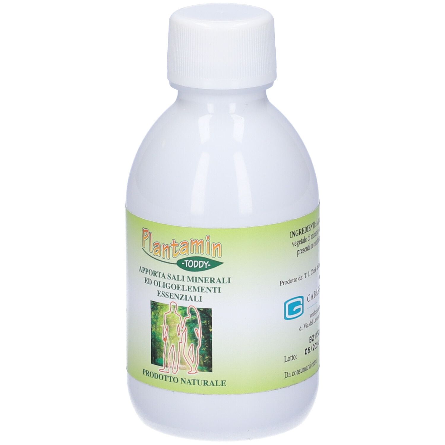 Bottiglia bianca con tappo bianco. Plantamin Toddy sull'etichetta. Prodotto naturale.