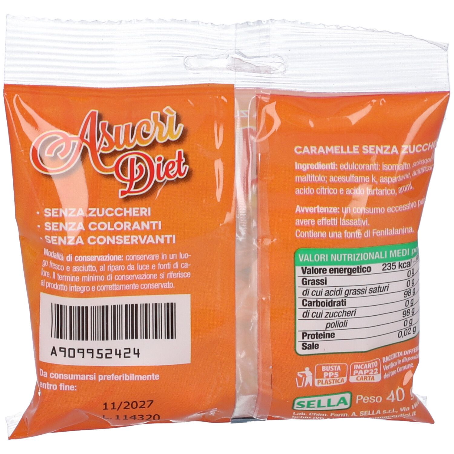Retro della confezione di caramelle. Testo: Asucri Diet, senza zucchero, coloranti, conservanti. Informazioni nutrizionali.