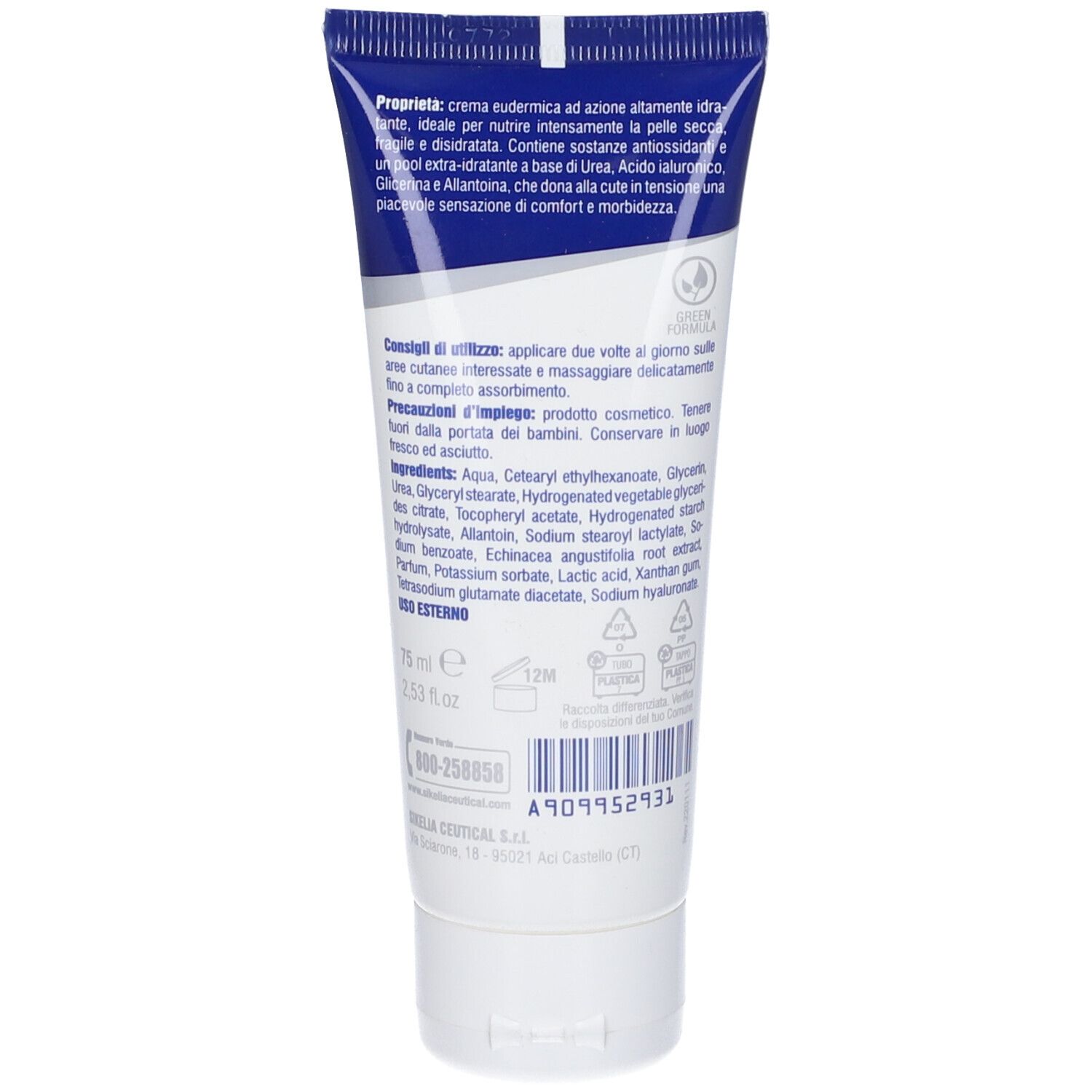 Retro del tubo. Testo: Proprietà, Consigli di utilizzo, Ingredienti. Simboli e testo stampati. 75 ml.