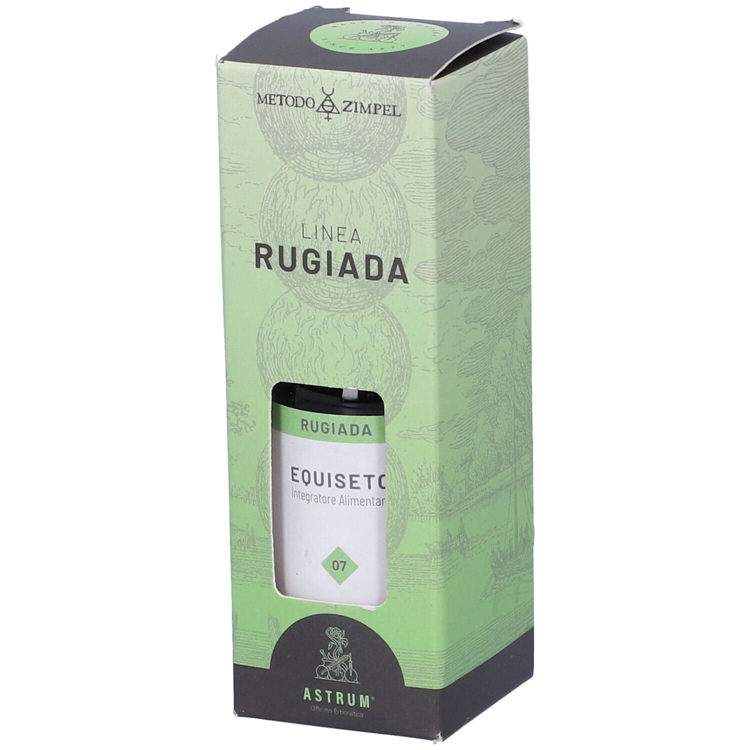 Confezione verde con nome e logo del prodotto. Finestra mostra flacone. Testo: Linea Rugiada, Equiseto, Integratore Alimentare.