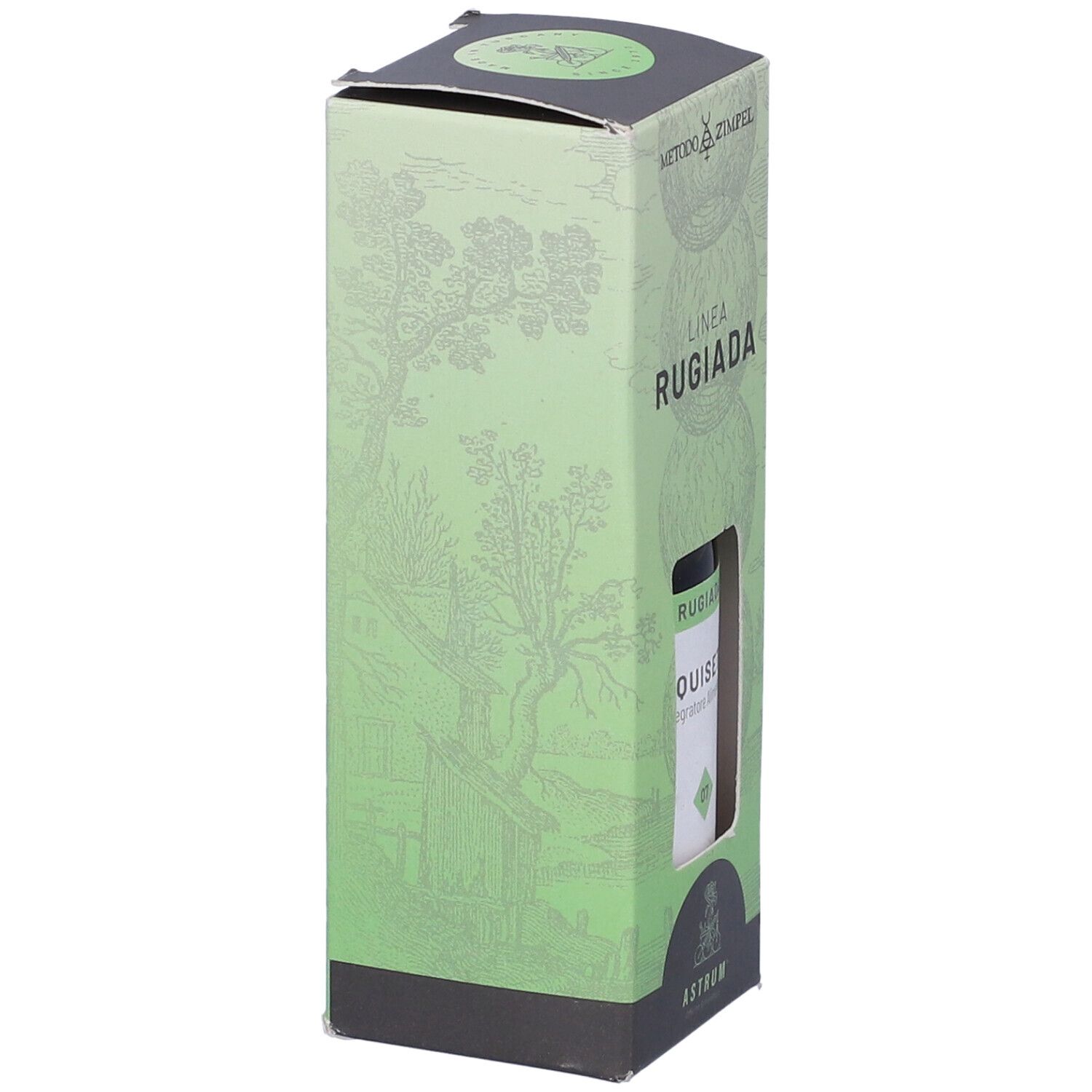 Confezione verde con disegno paesaggistico. Testo: Linea Rugiada. Finestra mostra flacone. Logo Astrum.