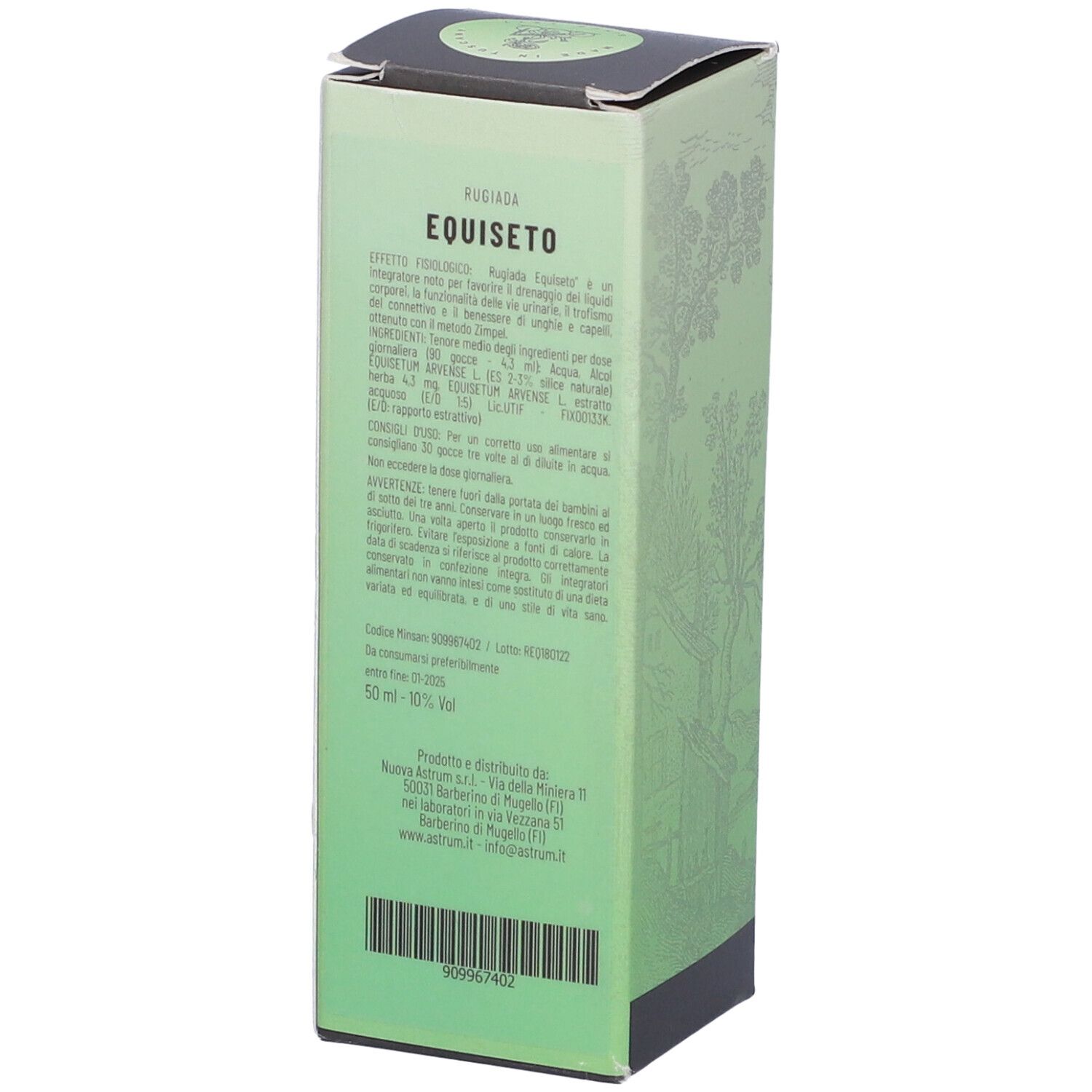 Retro della confezione verde. Testo: Rugiada, Equiseto. Informazioni sul prodotto e ingredienti. Codice a barre e logo.