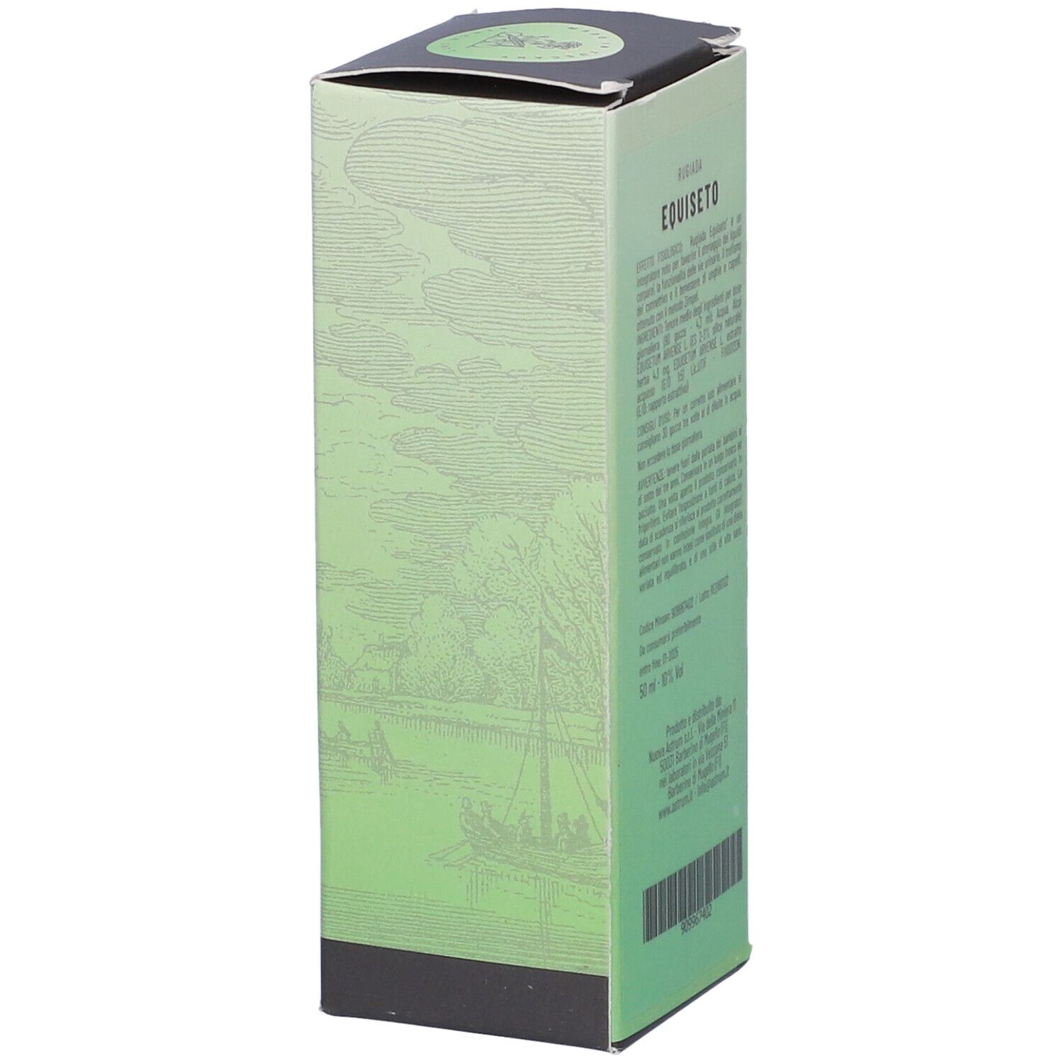 Retro della confezione verde. Testo: Rugiada, Equiseto. Informazioni sul prodotto e ingredienti. Codice a barre e logo.