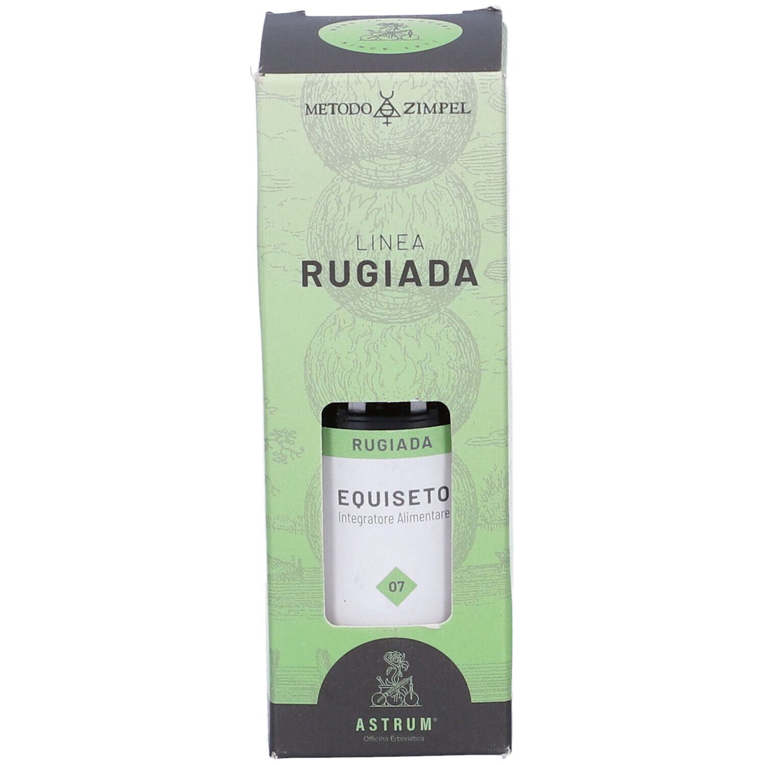 Confezione verde con nome e logo del prodotto. Finestra mostra flacone. Testo: Linea Rugiada, Equiseto, Integratore Alimentare.