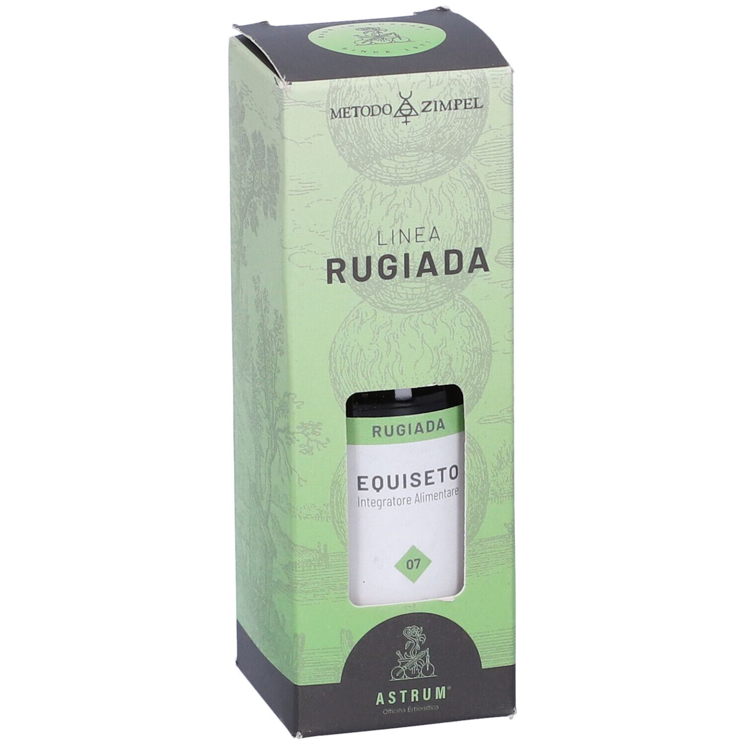 Confezione verde con nome e logo del prodotto. Finestra mostra flacone. Testo: Linea Rugiada, Equiseto, Astrum.