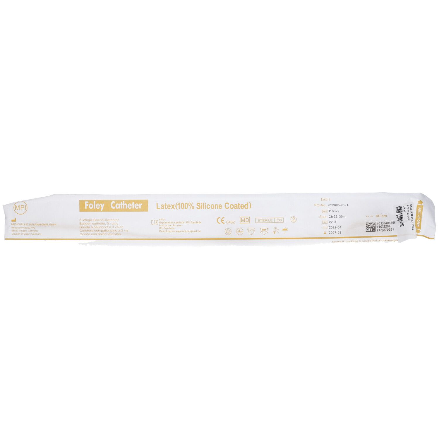 Catetere in confezione. Testo: Foley Catheter, Latex (100% Silicone Coated).