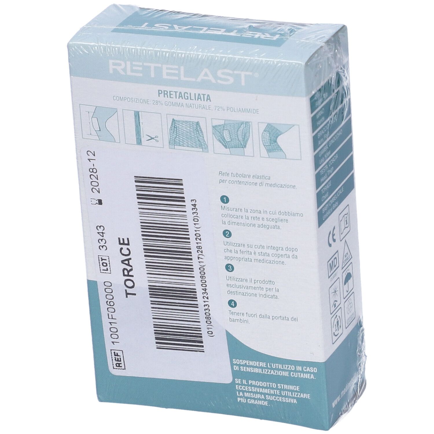 Confezione di Rete Tubolare Retelast. Retro con informazioni sul prodotto e istruzioni per l'uso. Confezionato in plastica. Stampa 'TORACE'.