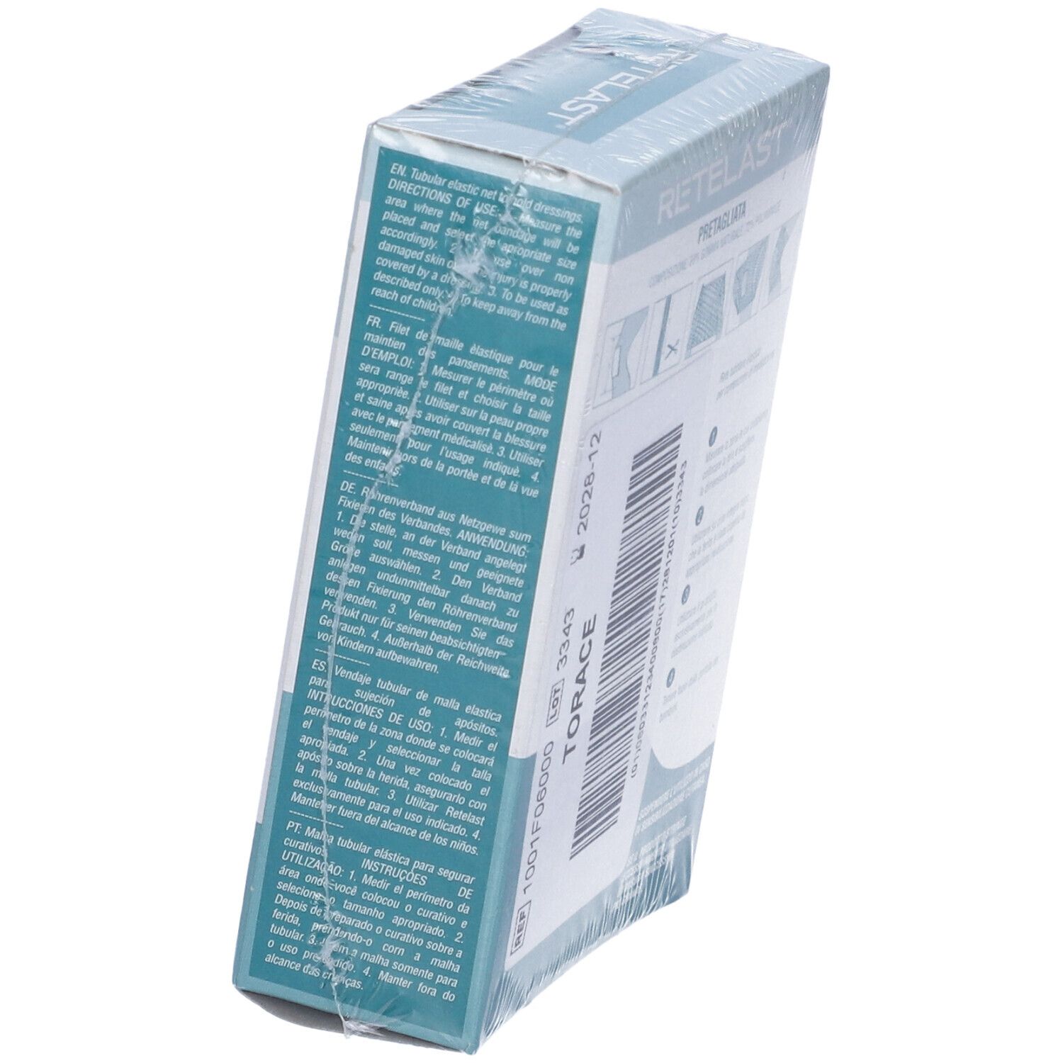 Confezione di Rete Tubolare Retelast. Vista laterale con informazioni sul prodotto e istruzioni. Confezionato in plastica. Stampa 'TORACE'.