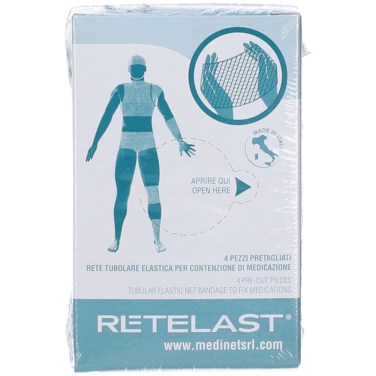 Confezione di Rete Tubolare Retelast. Fronte con immagine del prodotto, logo e testo. Contiene 4 pezzi pretagliati. Confezionato in plastica.