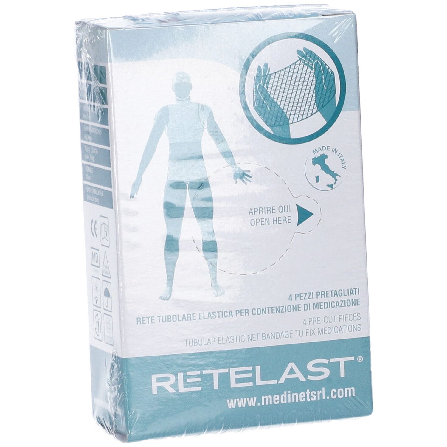 Confezione di Rete Tubolare Retelast. Vista frontale con immagine del prodotto, logo e testo. Contiene 4 pezzi pretagliati. Confezionato in plastica.