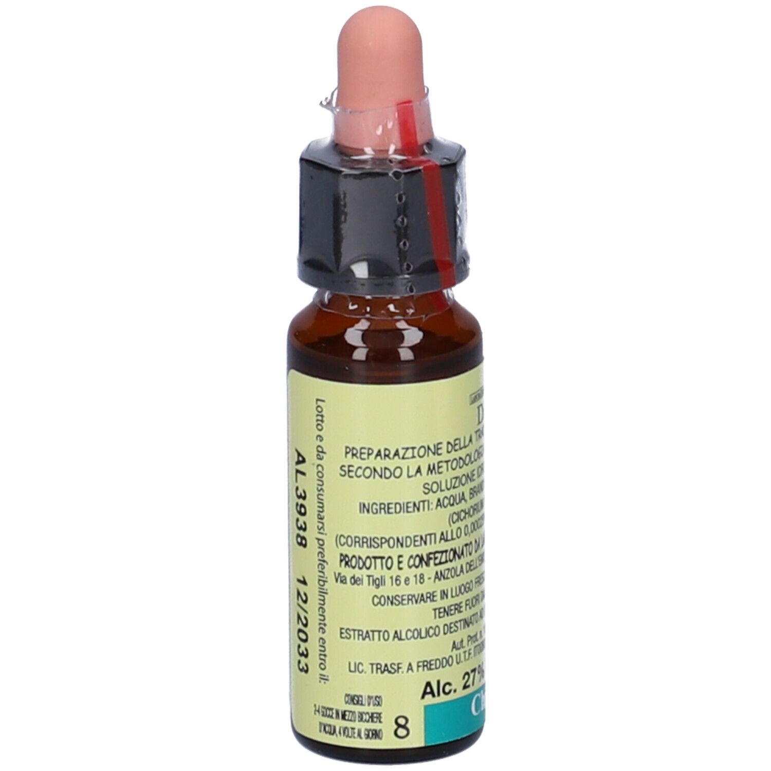 Flacone di vetro marrone con contagocce. Scritte: Di Leo, Chicory, 10 ml, 27% Vol.