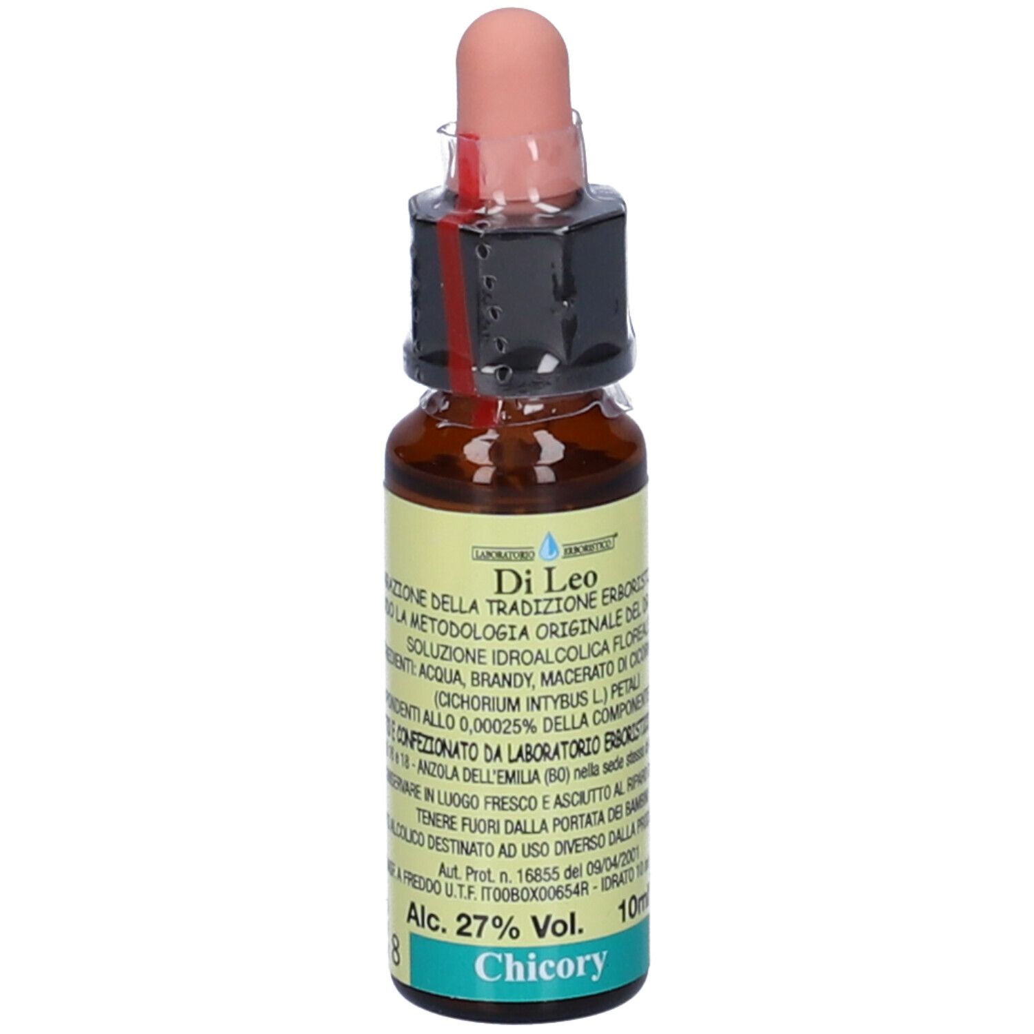 Flacone di vetro marrone con contagocce. Scritte: Di Leo, Chicory, 10 ml, 27% Vol.