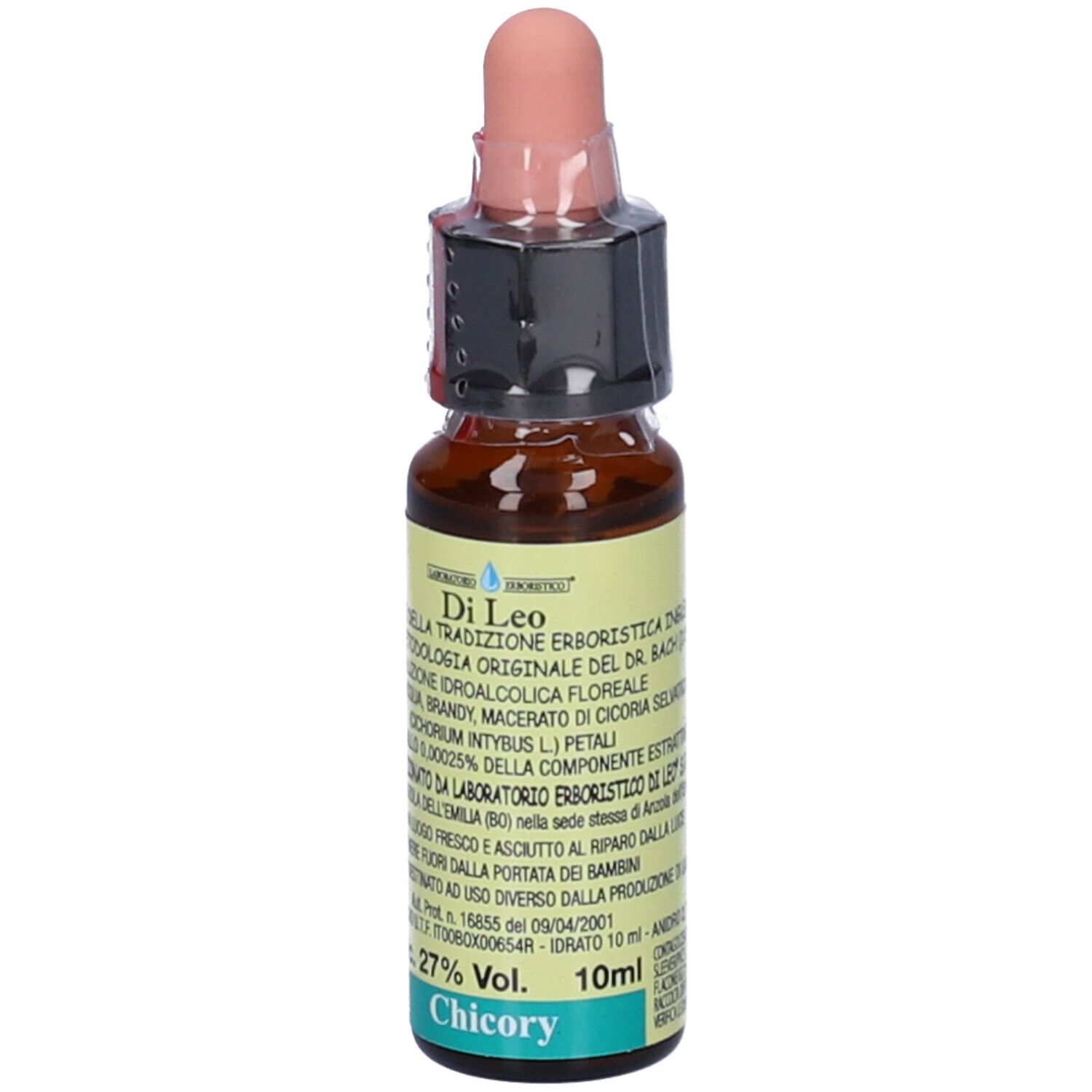 Flacone di vetro marrone con contagocce. Scritte: Di Leo, Chicory, 10 ml, 27% Vol.