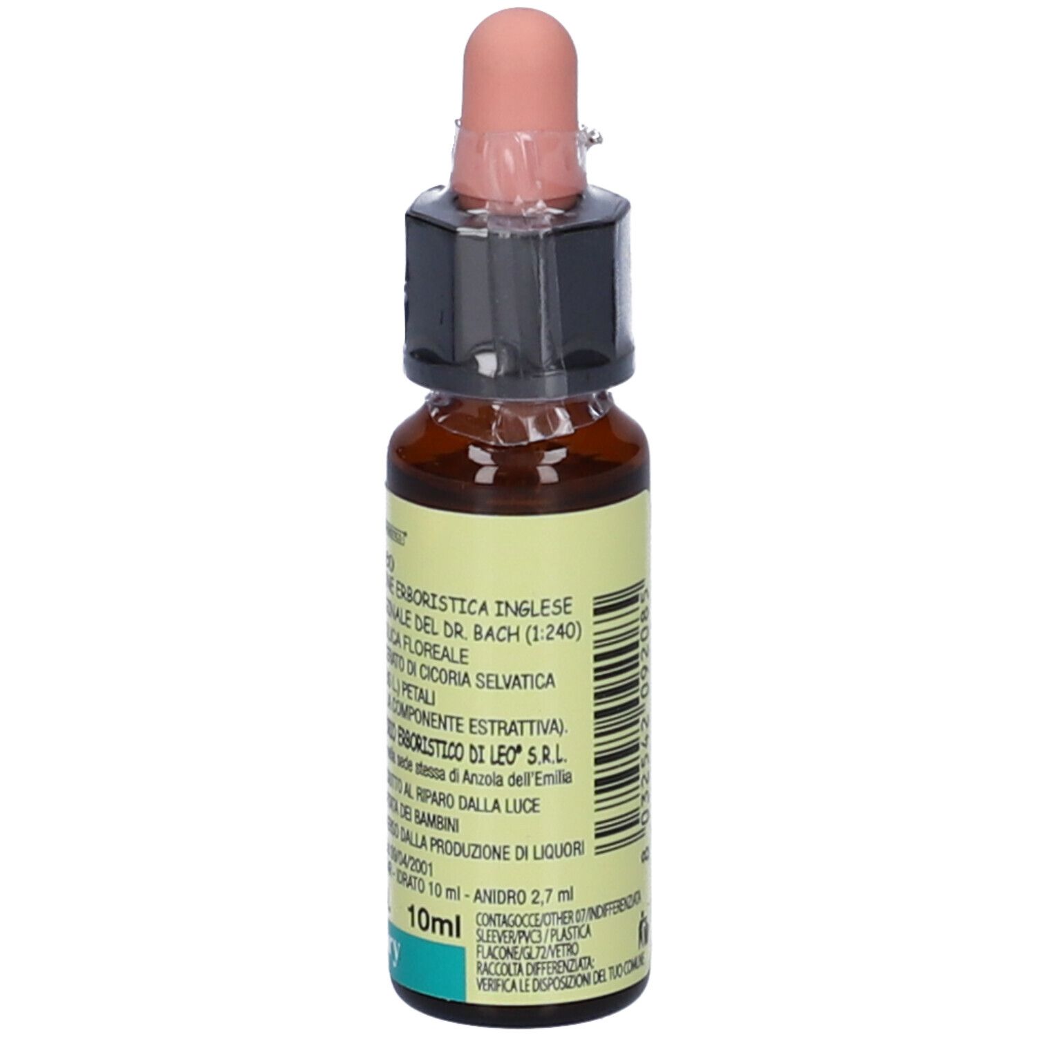 Flacone di vetro marrone con contagocce. Scritte: Di Leo, Chicory, 10 ml, 27% Vol.