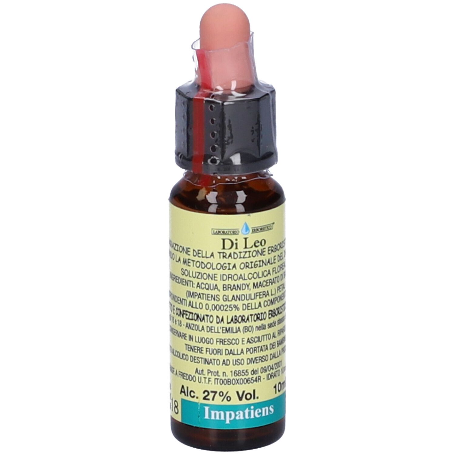 Flacone di vetro marrone con contagocce. Etichetta con testo e nome del prodotto Impatiens. Contenuto alcolico 27%.