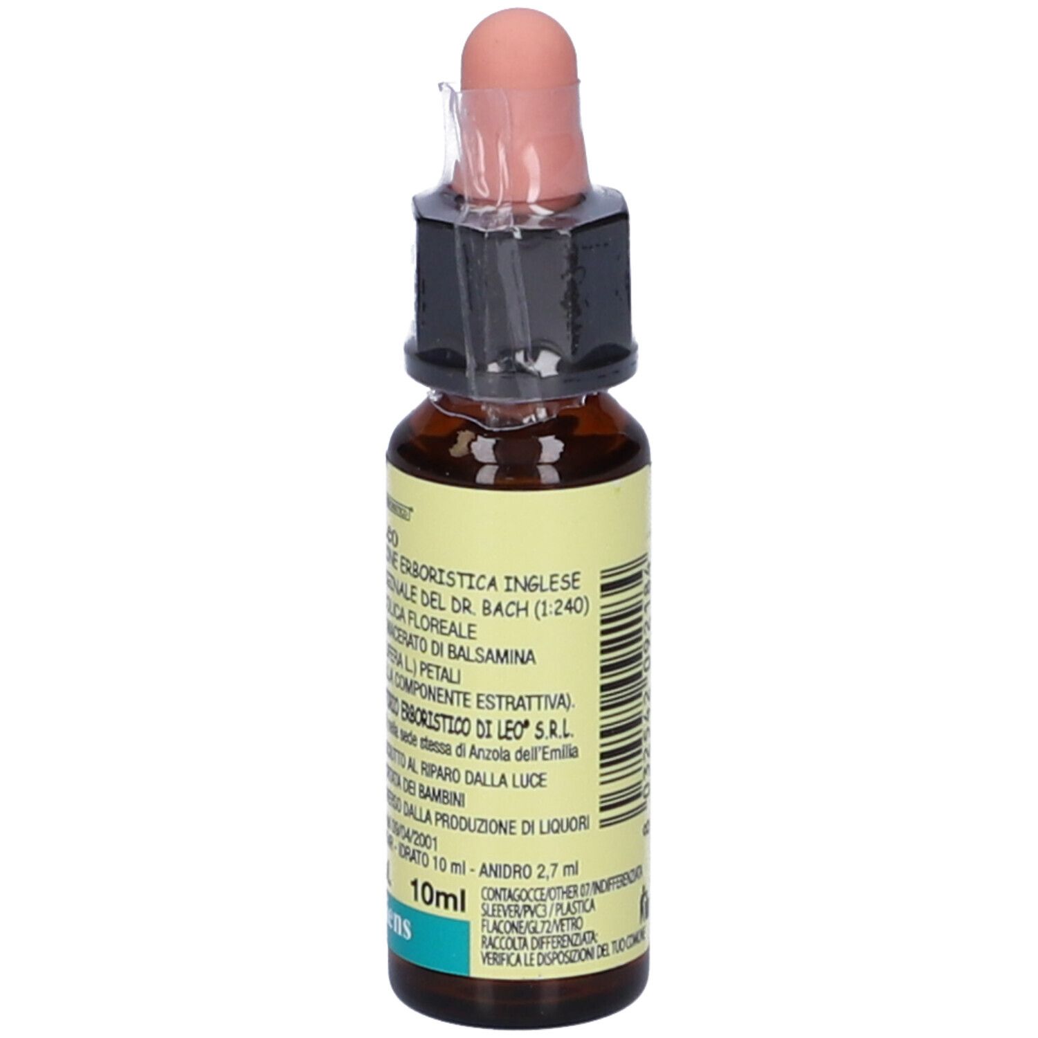Flacone di vetro marrone con contagocce. Etichetta con testo e nome del prodotto Impatiens. Contenuto alcolico 27%.