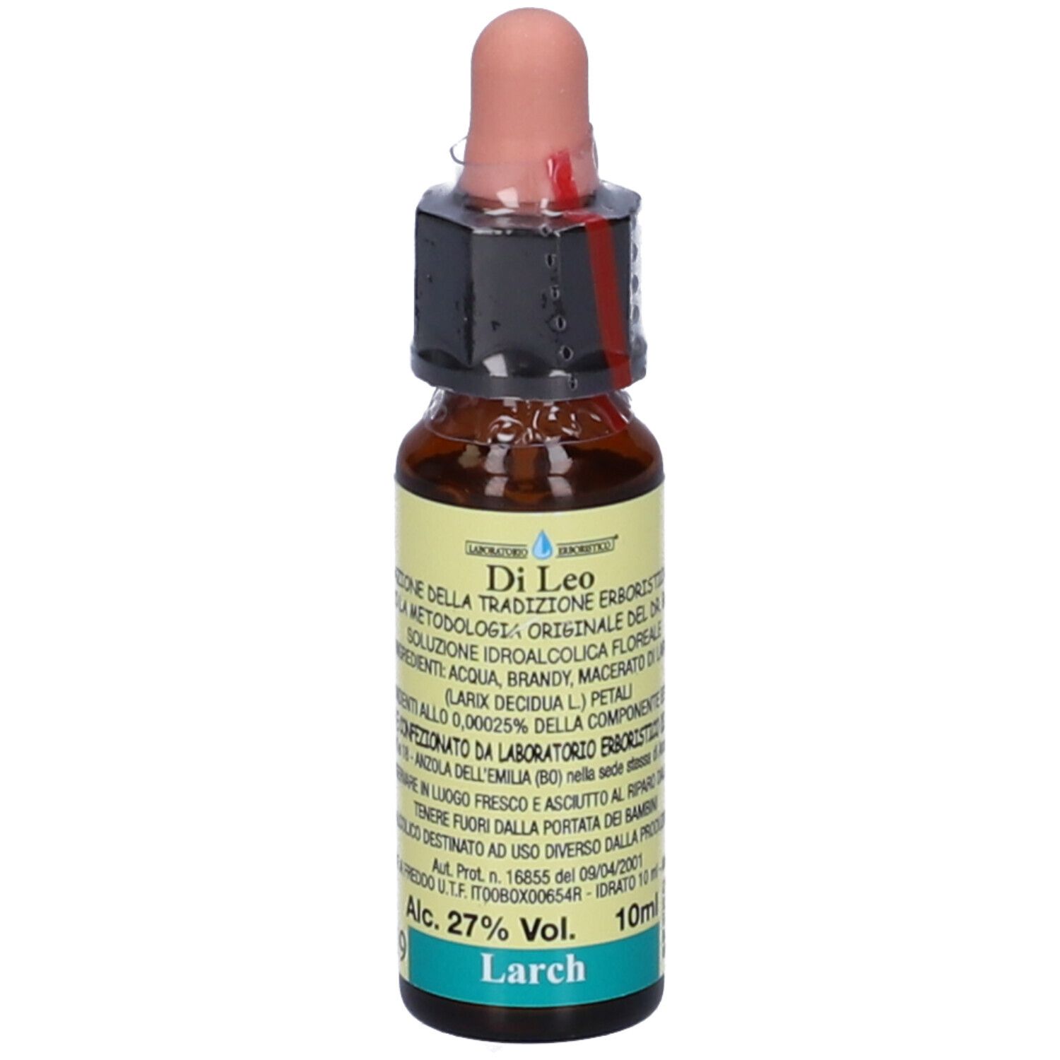 Flacone di vetro marrone con contagocce. Scritta "Di Leo Larch 10ml". Etichetta con testo. Contagocce rosa.