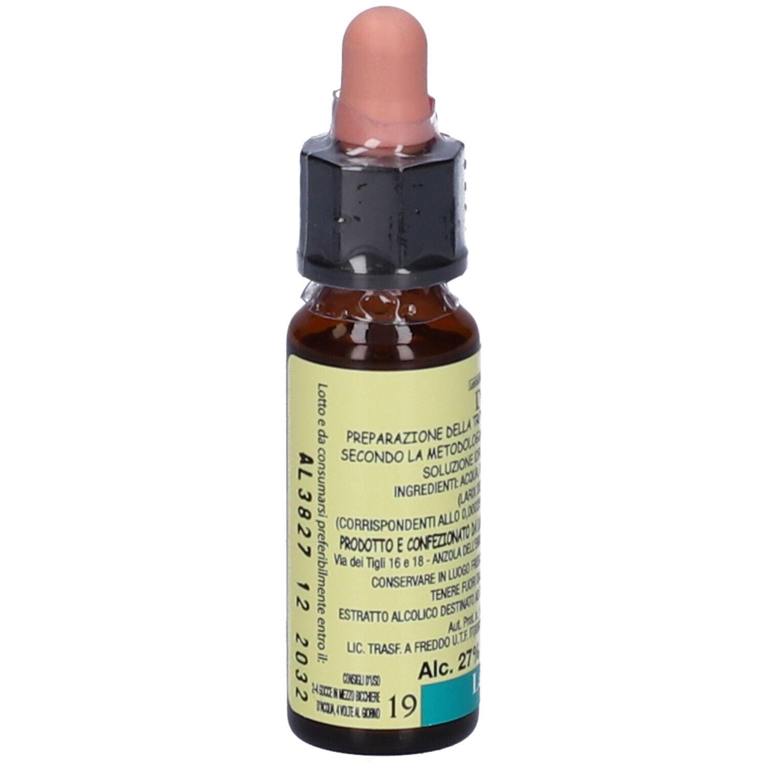 Flacone di vetro marrone con contagocce. Scritta "Di Leo Larch 10ml". Etichetta con testo. Contagocce rosa.