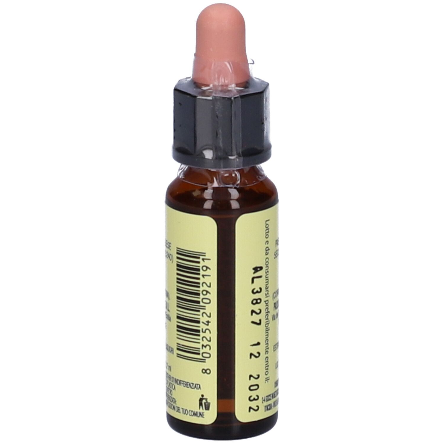 Flacone di vetro marrone con contagocce. Scritta "Di Leo Larch 10ml". Etichetta con testo. Contagocce rosa.