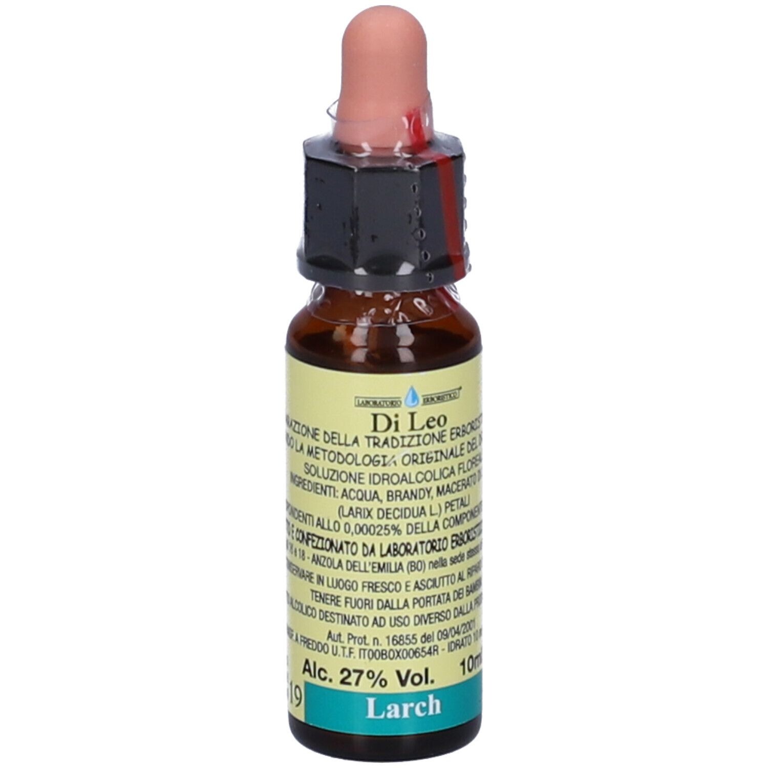 Flacone di vetro marrone con contagocce. Scritta "Di Leo Larch 10ml". Etichetta con testo. Contagocce rosa.