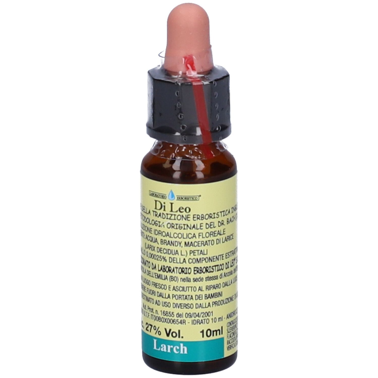Flacone di vetro marrone con contagocce. Scritta "Di Leo Larch 10ml". Etichetta con testo. Contagocce rosa.