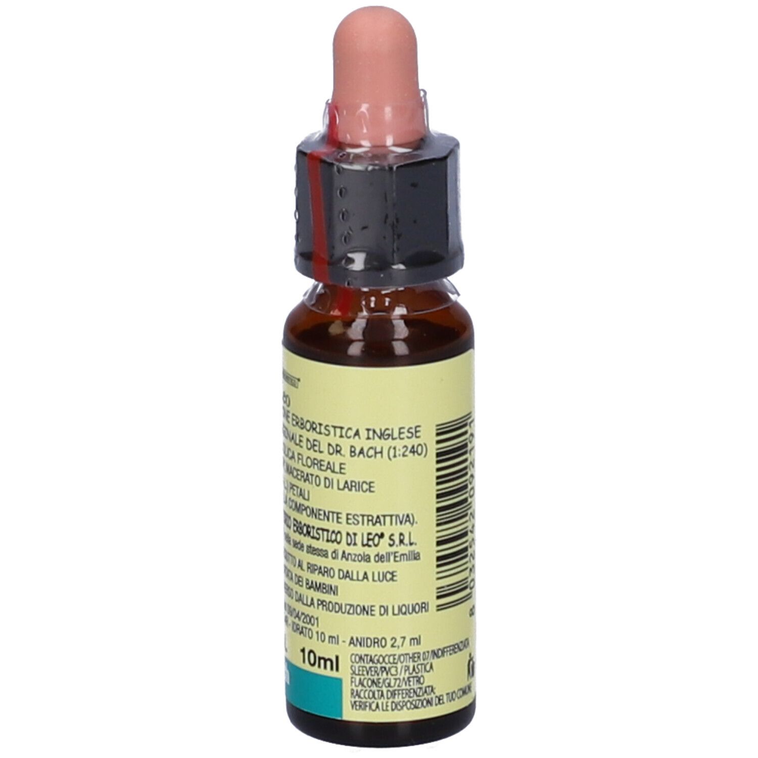 Flacone di vetro marrone con contagocce. Scritta "Di Leo Larch 10ml". Etichetta con testo. Contagocce rosa.