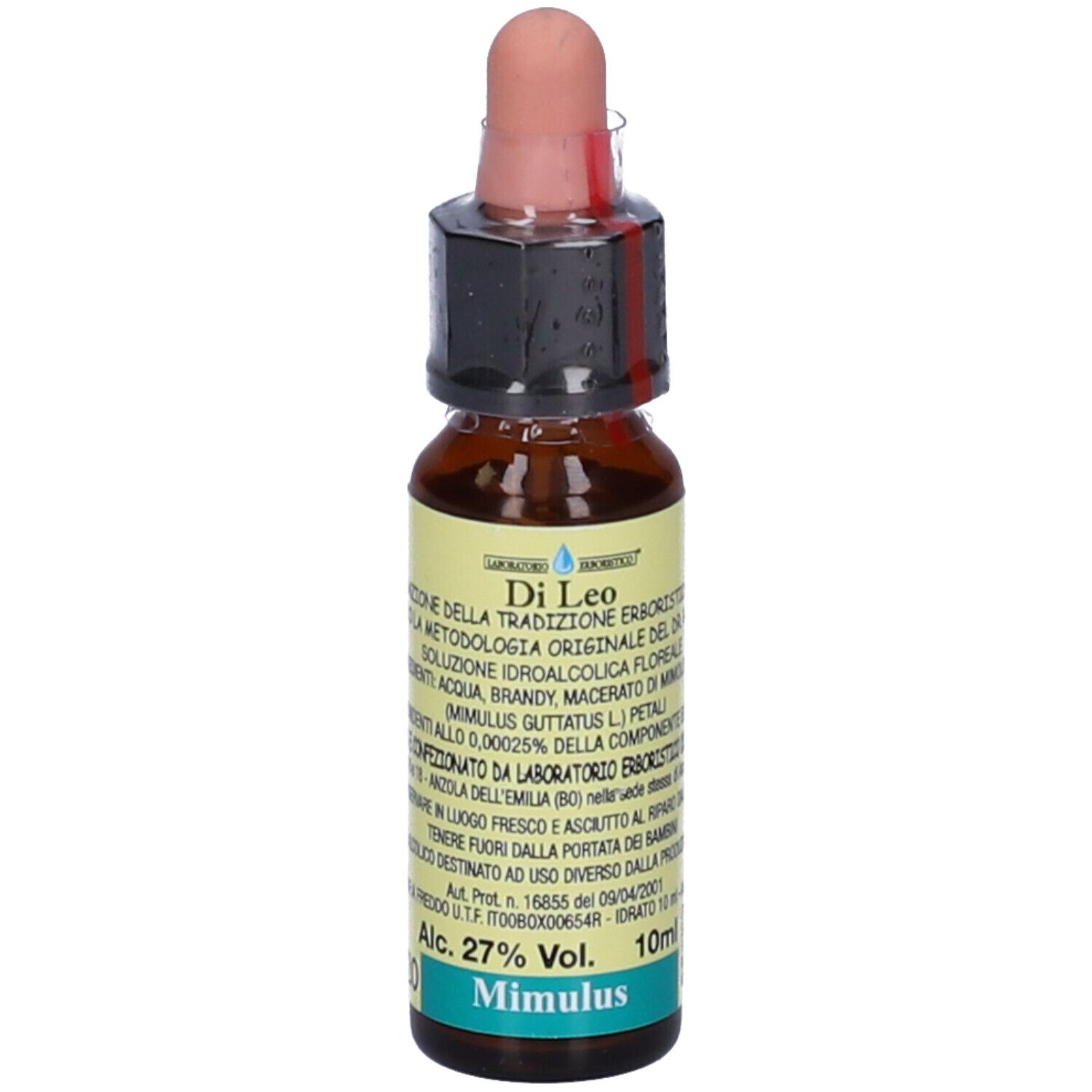 Flacone di vetro marrone con contagocce. Scritta: Di Leo, Mimulus, 10 ml, 27% Vol. Etichetta con testo.