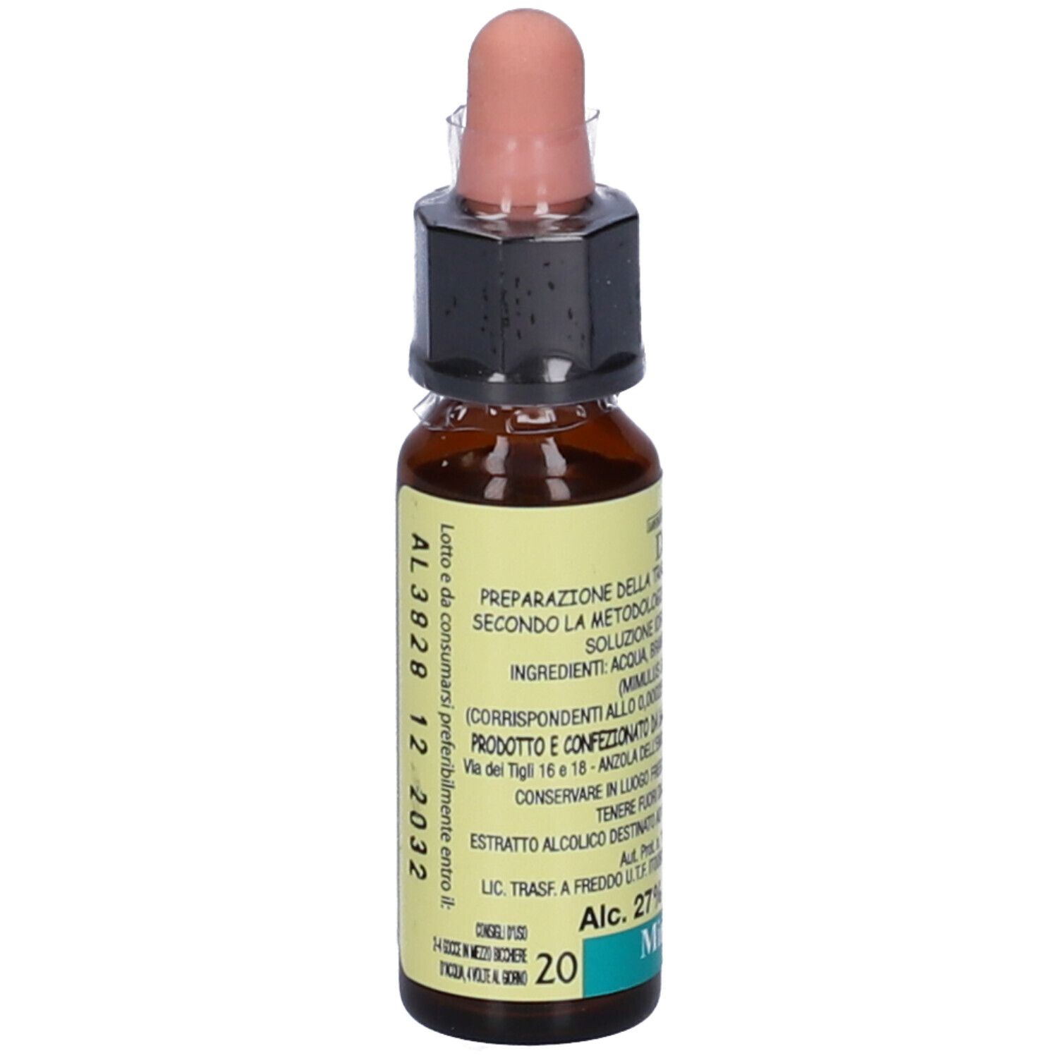 Flacone di vetro marrone con contagocce. Scritta: Di Leo, Mimulus, 10 ml, 27% Vol. Etichetta con testo.