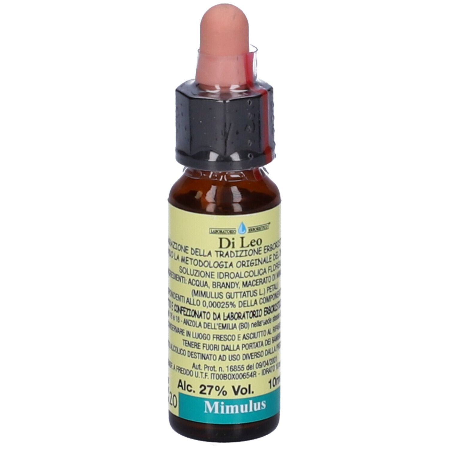 Flacone di vetro marrone con contagocce. Scritta: Di Leo, Mimulus, 10 ml, 27% Vol. Etichetta con testo.
