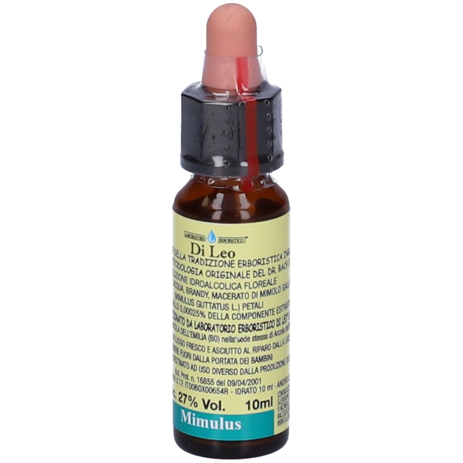 Flacone di vetro marrone con contagocce. Scritta: Di Leo, Mimulus, 10 ml, 27% Vol. Etichetta con testo.
