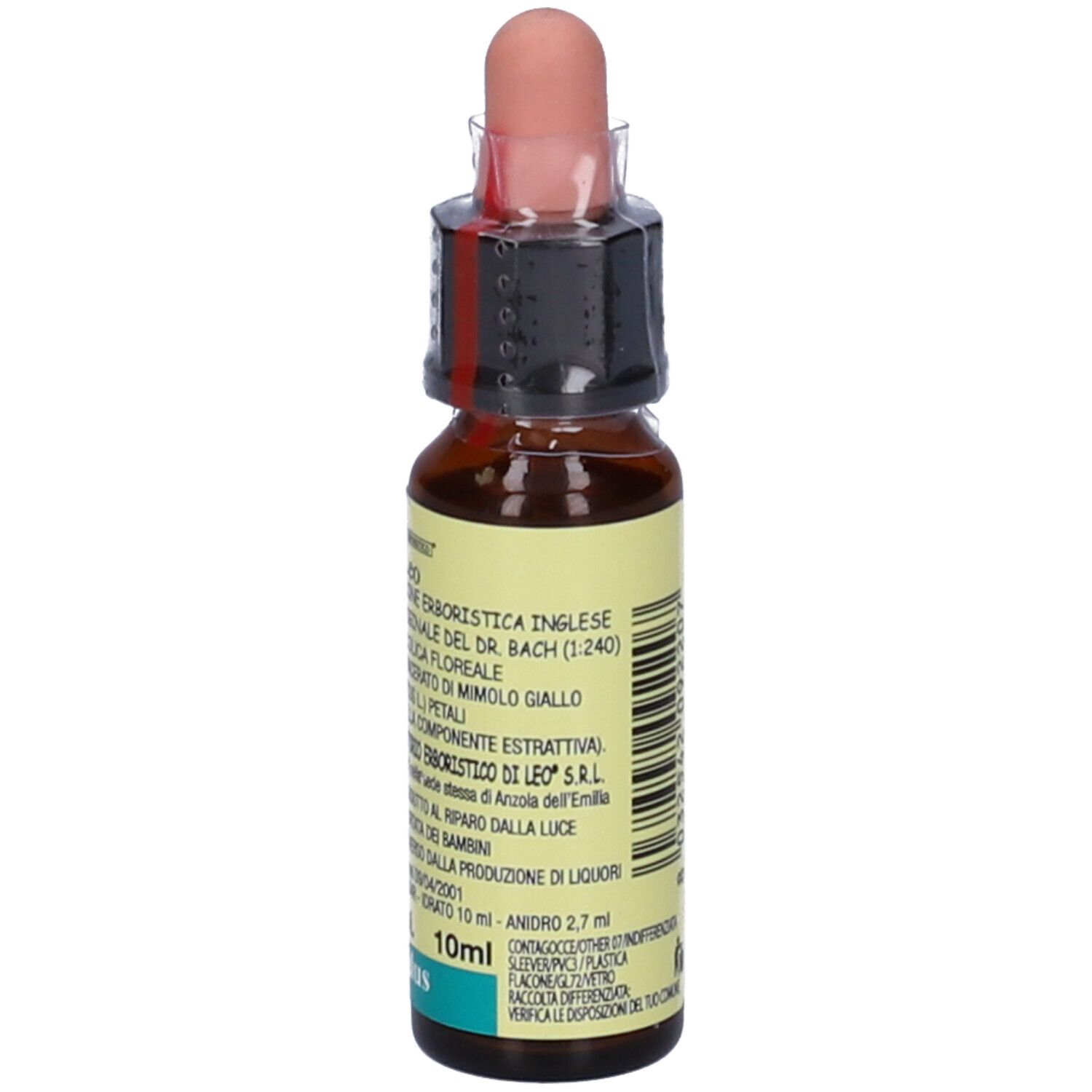 Flacone di vetro marrone con contagocce. Scritta: Di Leo, Mimulus, 10 ml, 27% Vol. Etichetta con testo.