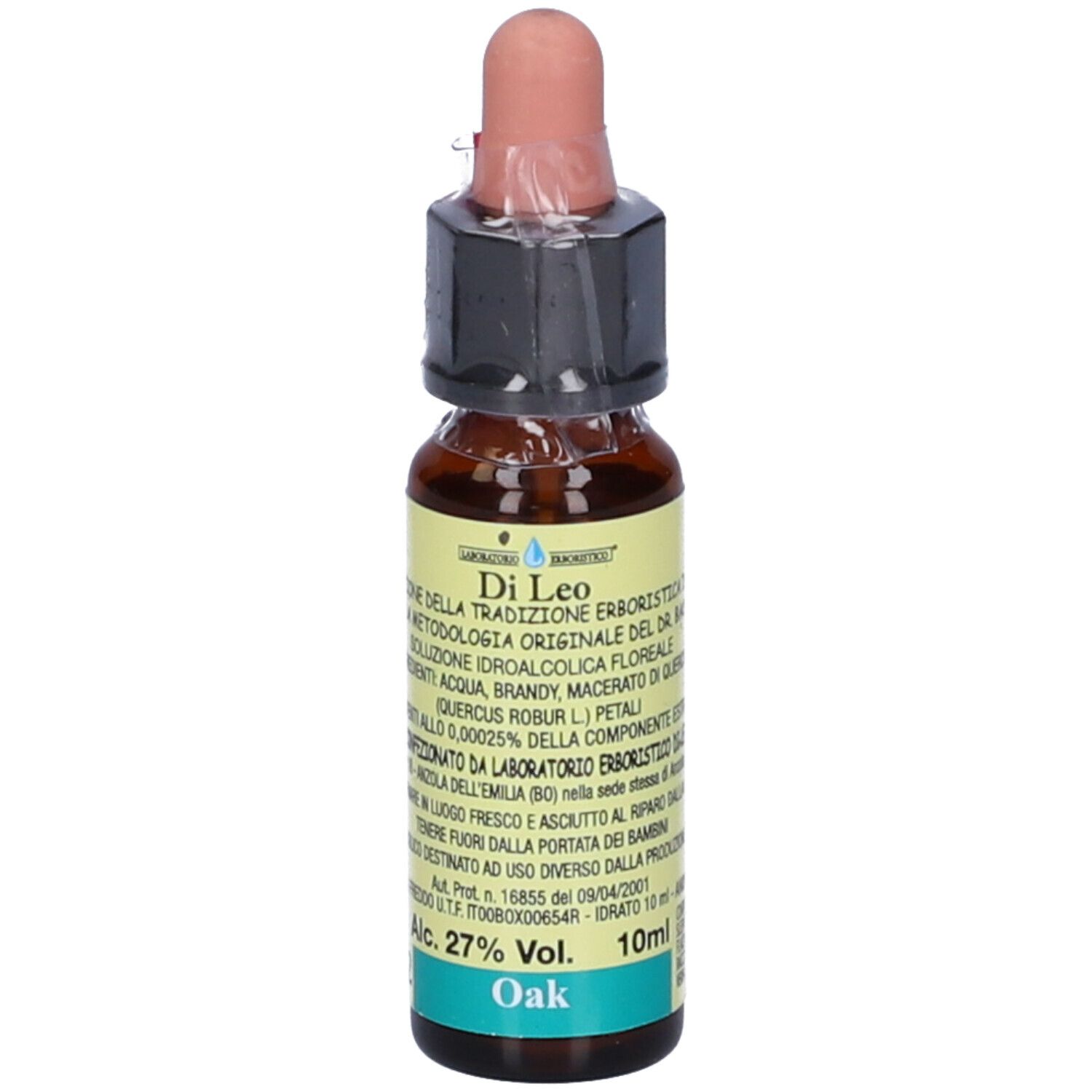 Flacone di vetro marrone con contagocce. Scritte: Di Leo, Oak, 10 ml, 27% Vol. Con etichetta e informazioni sul prodotto.