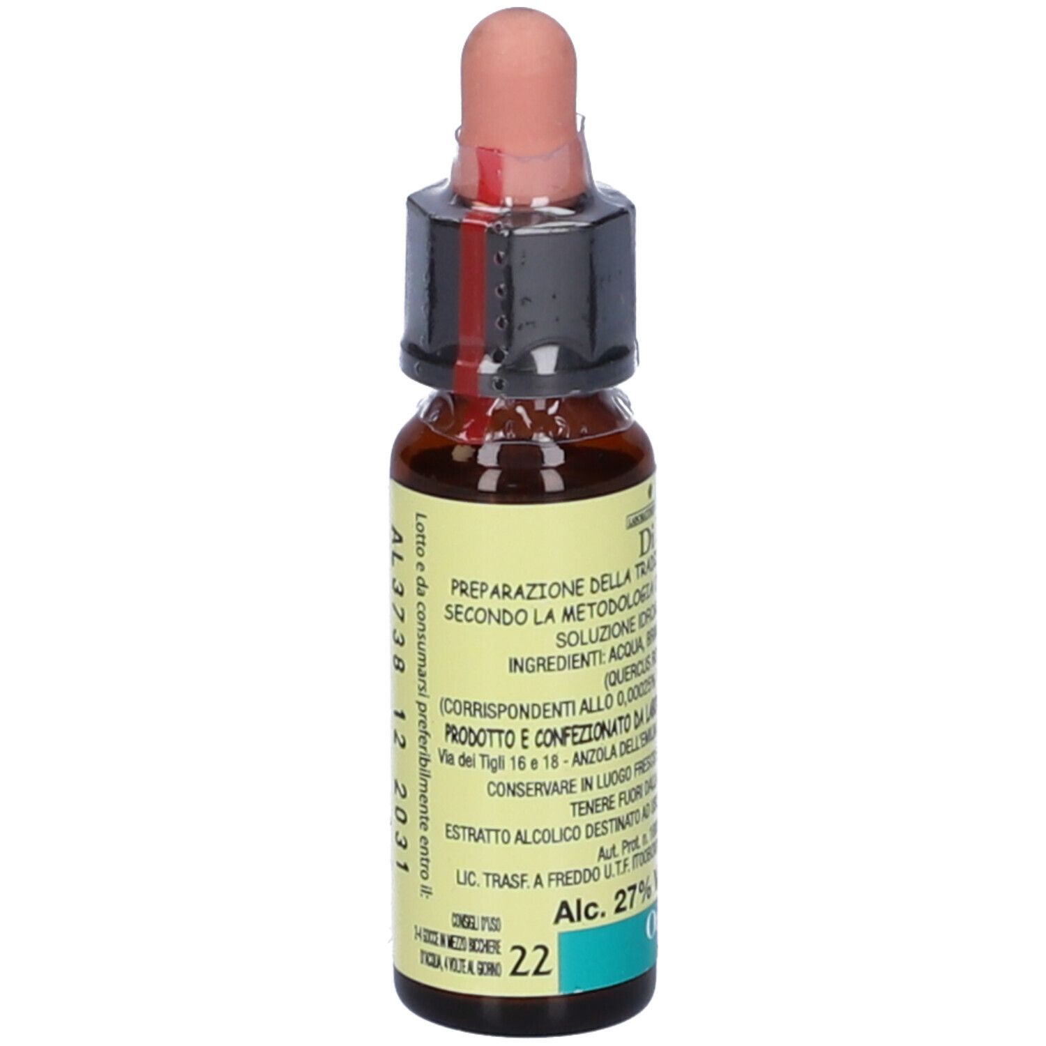 Flacone di vetro marrone con contagocce. Scritte: Di Leo, Oak, 10 ml, 27% Vol. Con etichetta e informazioni sul prodotto.
