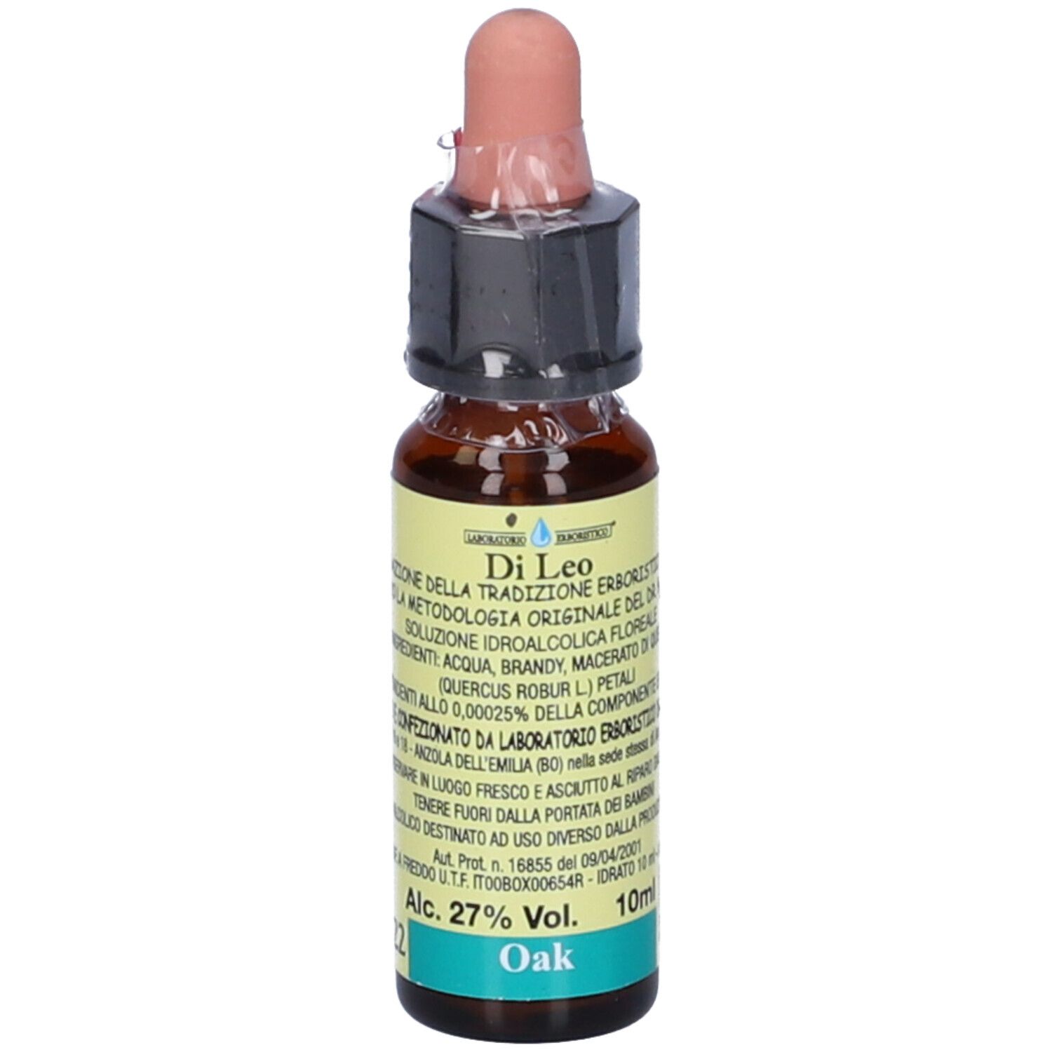 Flacone di vetro marrone con contagocce. Scritte: Di Leo, Oak, 10 ml, 27% Vol. Con etichetta e informazioni sul prodotto.