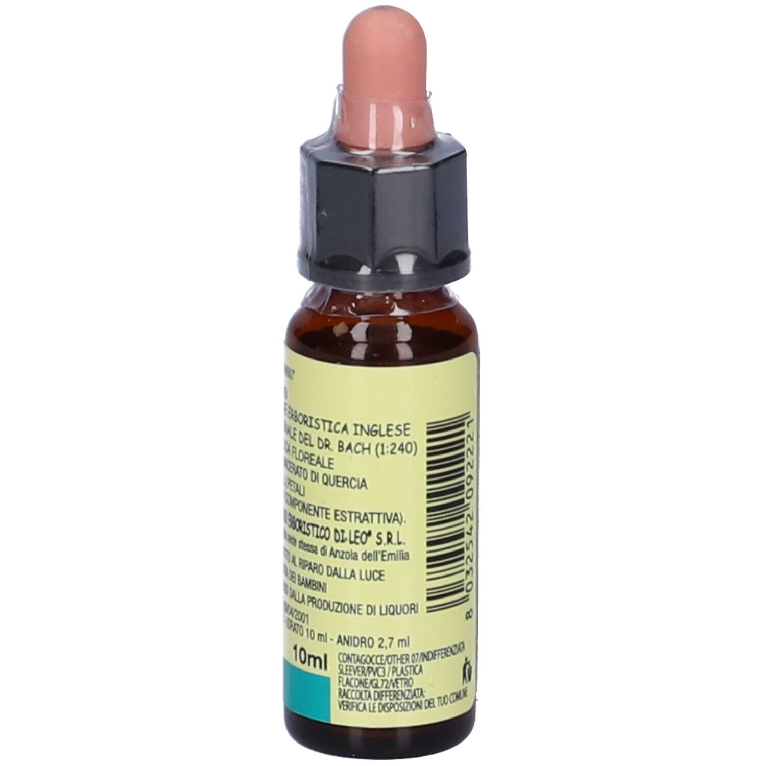 Flacone di vetro marrone con contagocce. Scritte: Di Leo, Oak, 10 ml, 27% Vol. Con etichetta e informazioni sul prodotto.