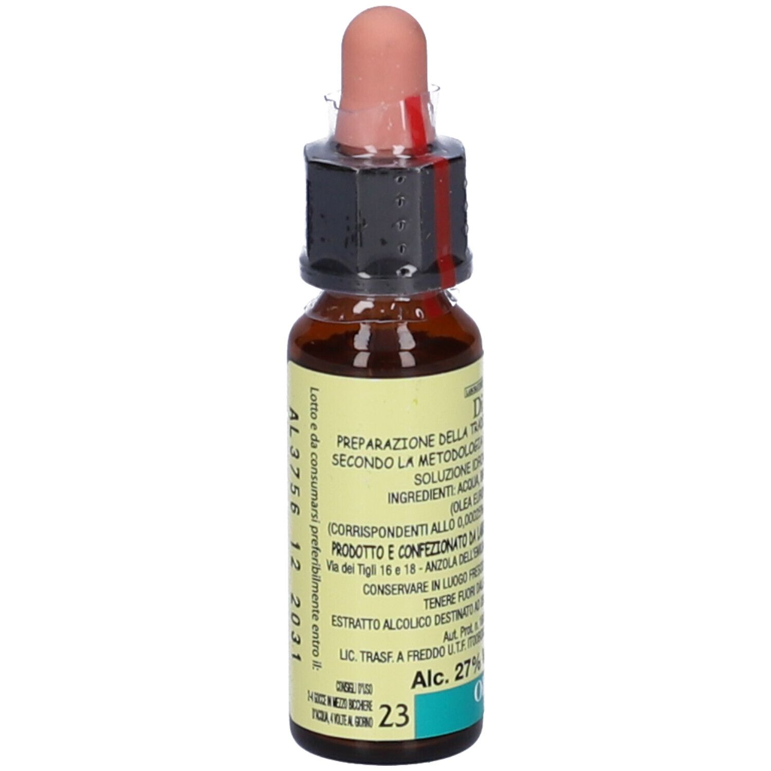 Flacone di vetro marrone con contagocce. Etichetta con testo e scritta "Olive 10ml".
