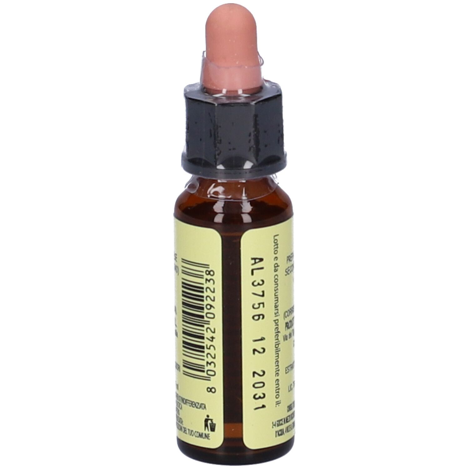 Flacone di vetro marrone con contagocce. Etichetta con testo e scritta "Olive 10ml".