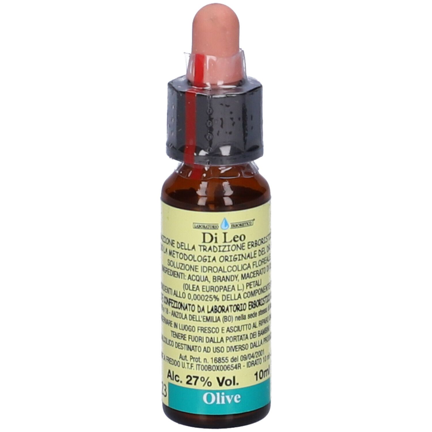Flacone di vetro marrone con contagocce. Etichetta con testo e scritta "Olive 10ml".
