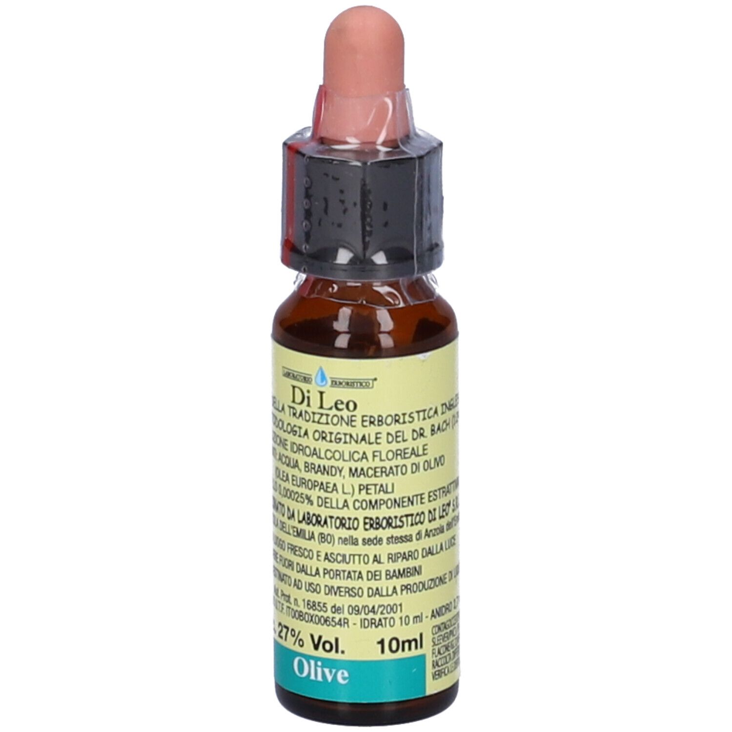 Flacone di vetro marrone con contagocce. Etichetta con testo e scritta "Olive 10ml".