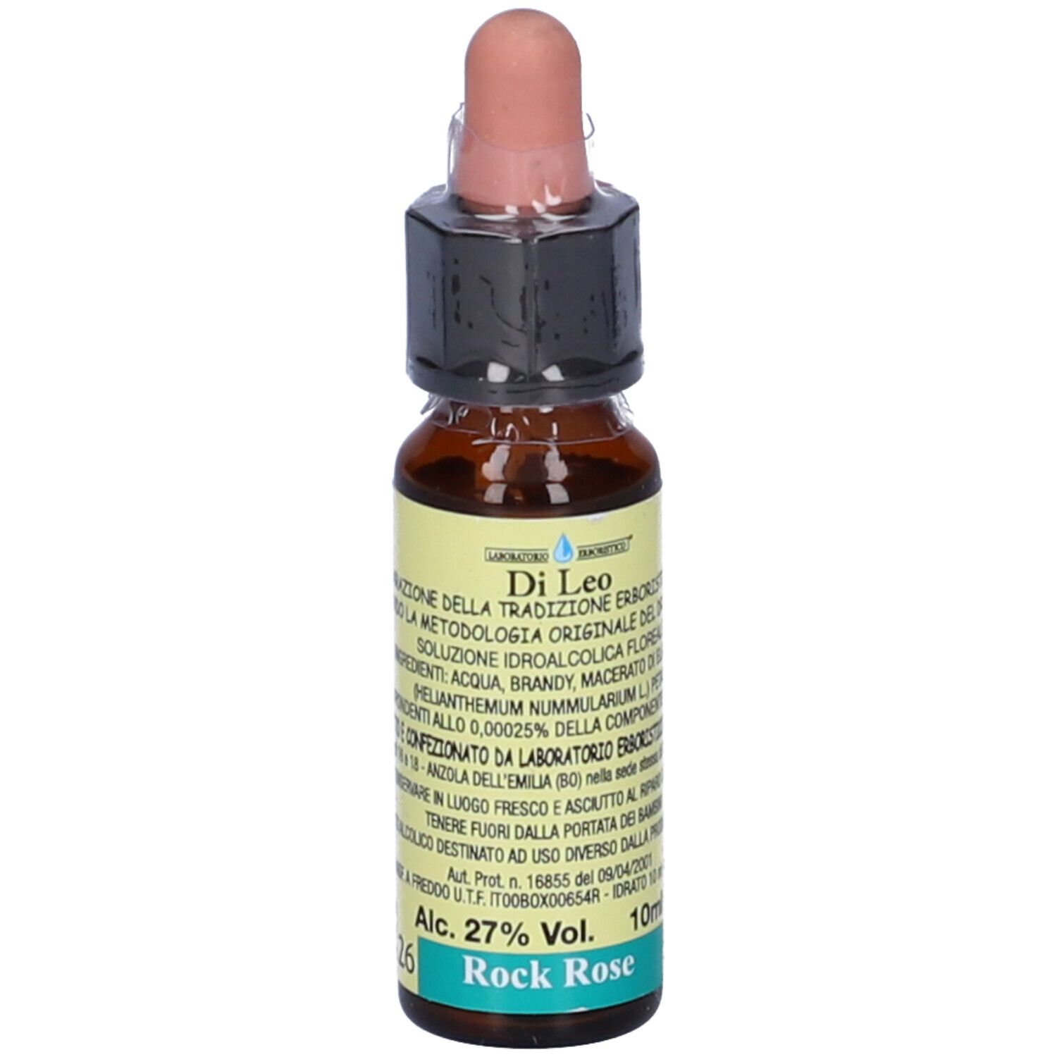 Flacone di vetro marrone con contagocce. Scritta: Rock Rose, 10 ml, 27% Vol. Etichetta con testo.