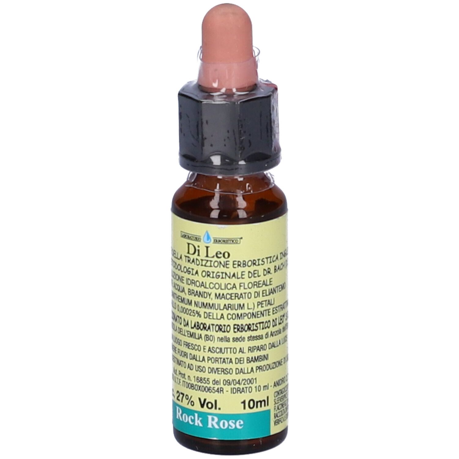 Flacone di vetro marrone con contagocce. Scritta: Rock Rose, 10 ml, 27% Vol. Etichetta con testo.