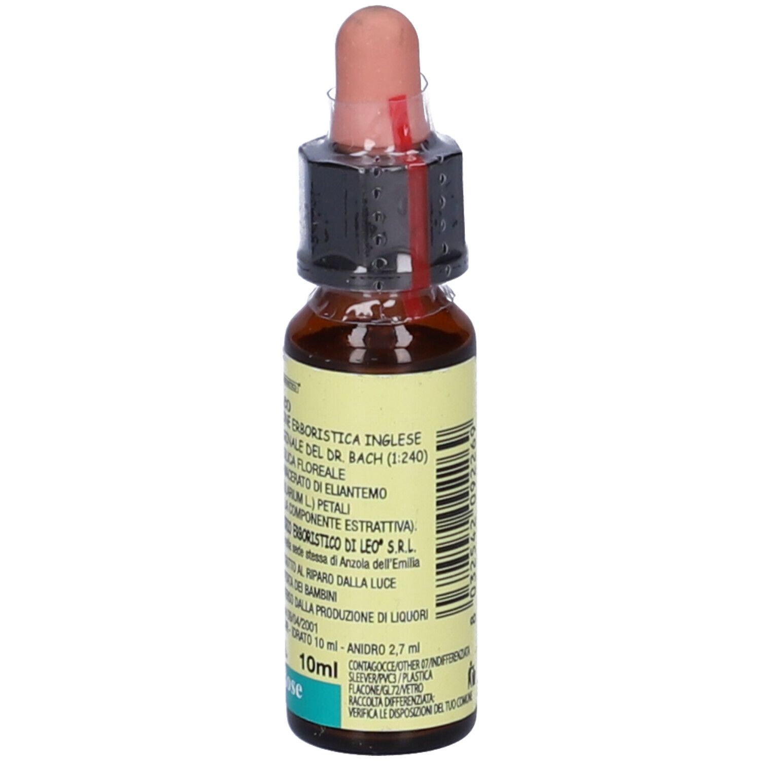 Flacone di vetro marrone con contagocce. Scritta: 10 ml, 27% Vol. Etichetta con testo.