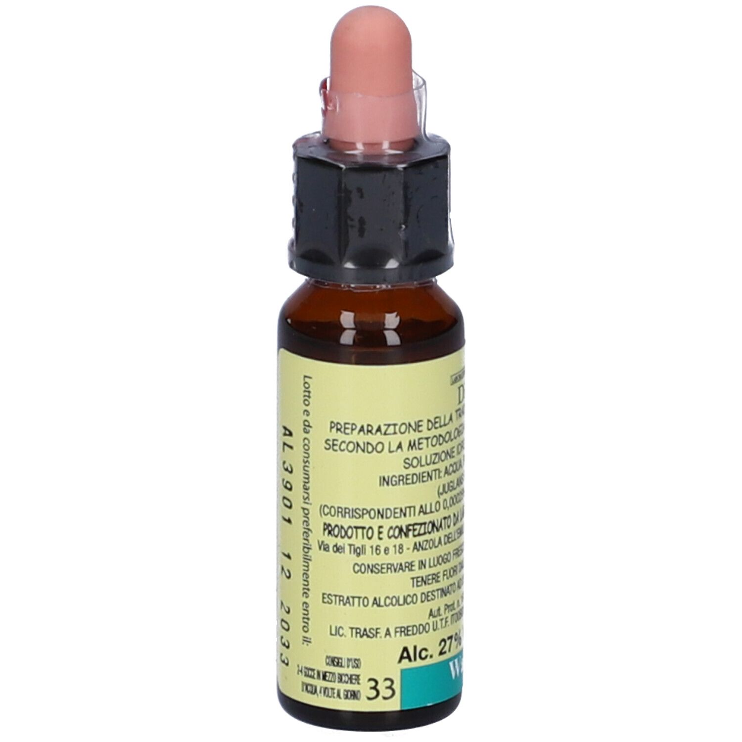 Flacone di vetro marrone con contagocce. Scritte "Di Leo", "Walnut", "10ml" e "Alc. 27% Vol.".