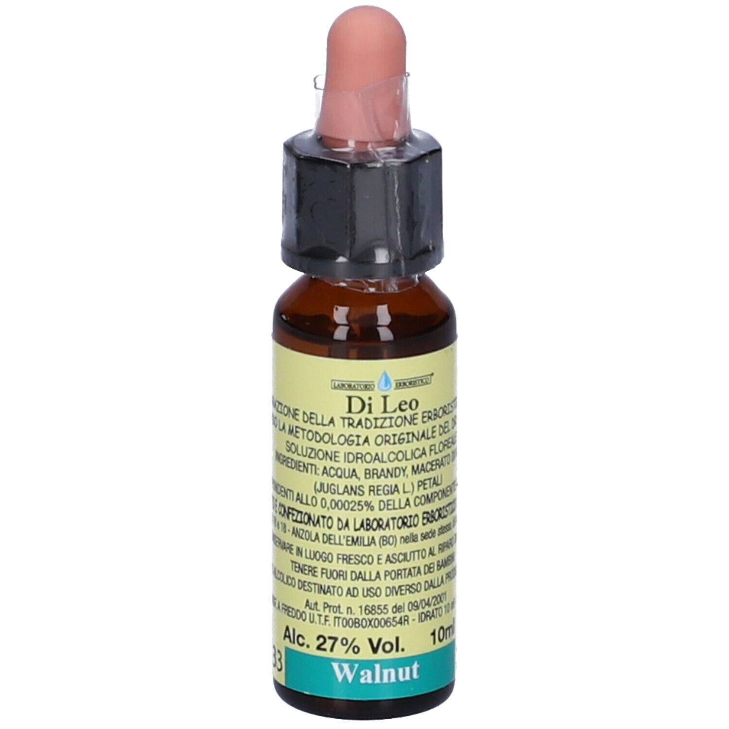 Flacone di vetro marrone con contagocce. Scritte "Di Leo", "Walnut", "10ml" e "Alc. 27% Vol.".