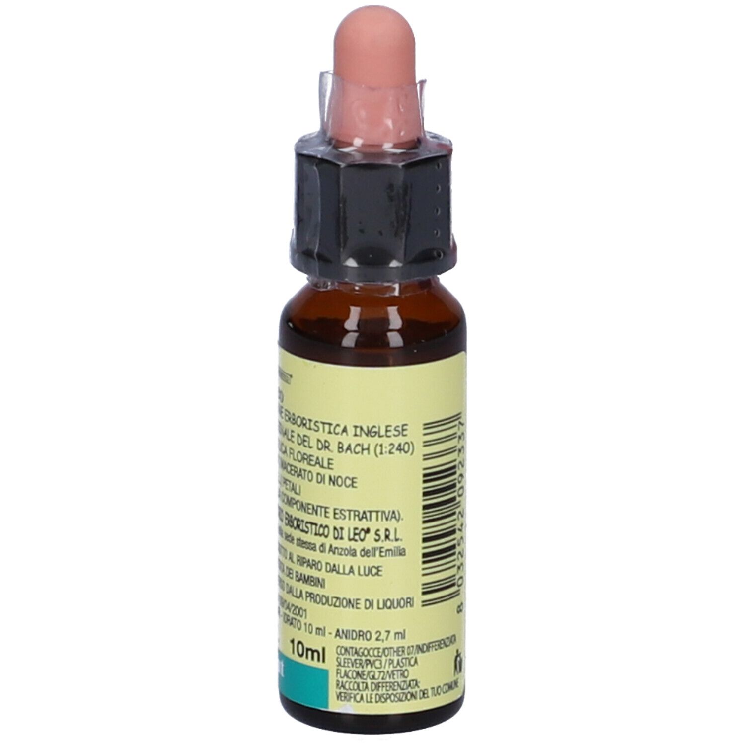 Flacone di vetro marrone con contagocce. Scritte "Di Leo", "Walnut", "10ml" e "Alc. 27% Vol.".